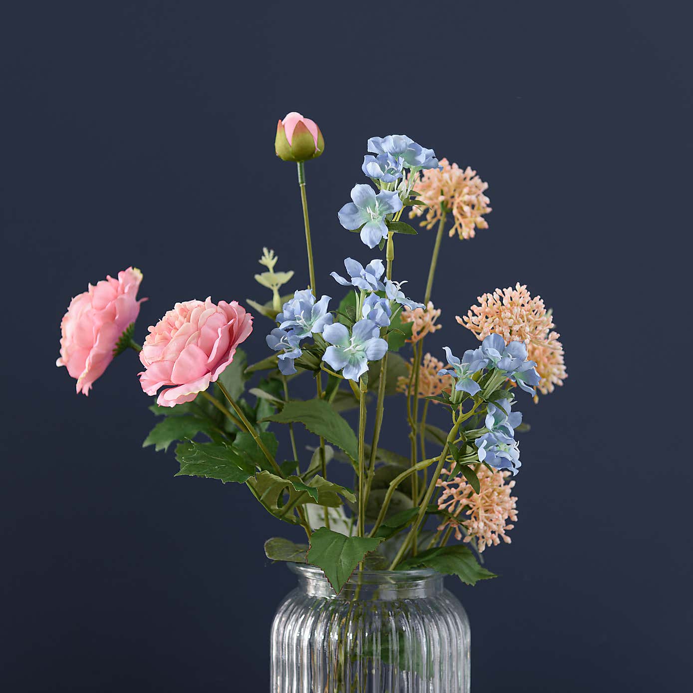 Artificial Pink & Blue Ranunculus Bouquet in Ribbed Glass Vase
