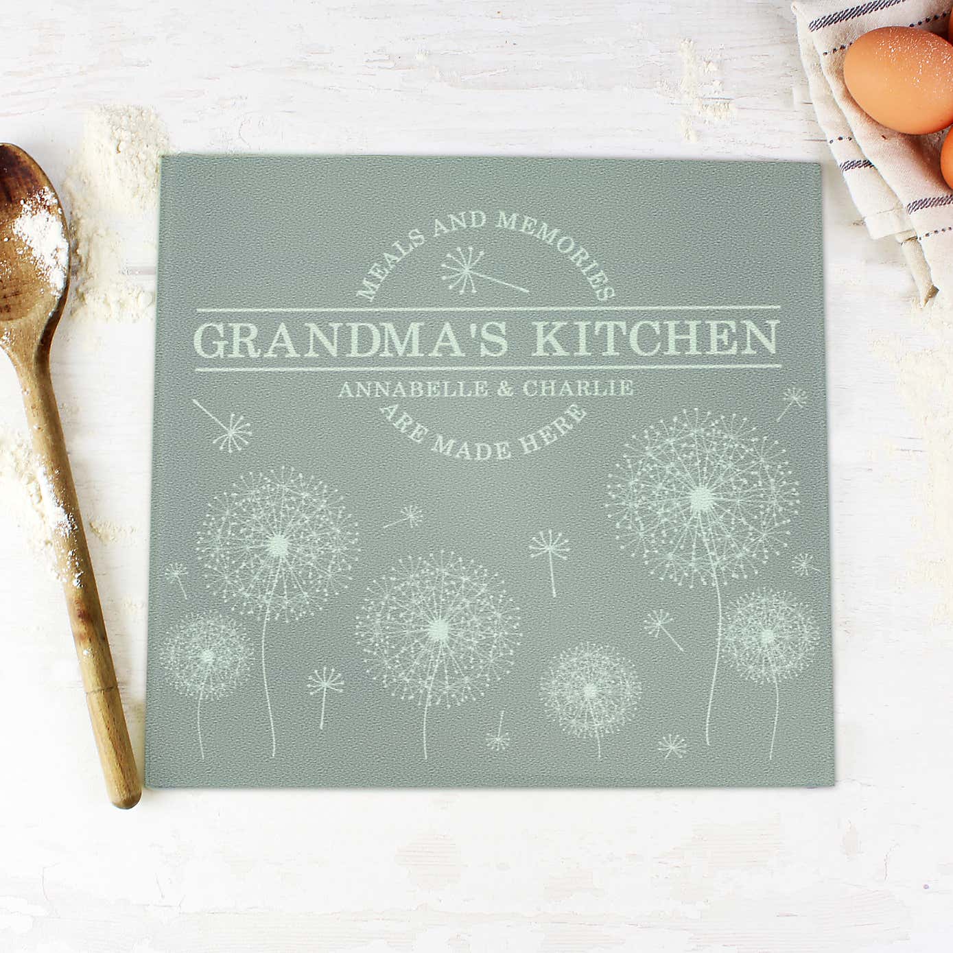Personalised Dandelion Glass Worktop Saver