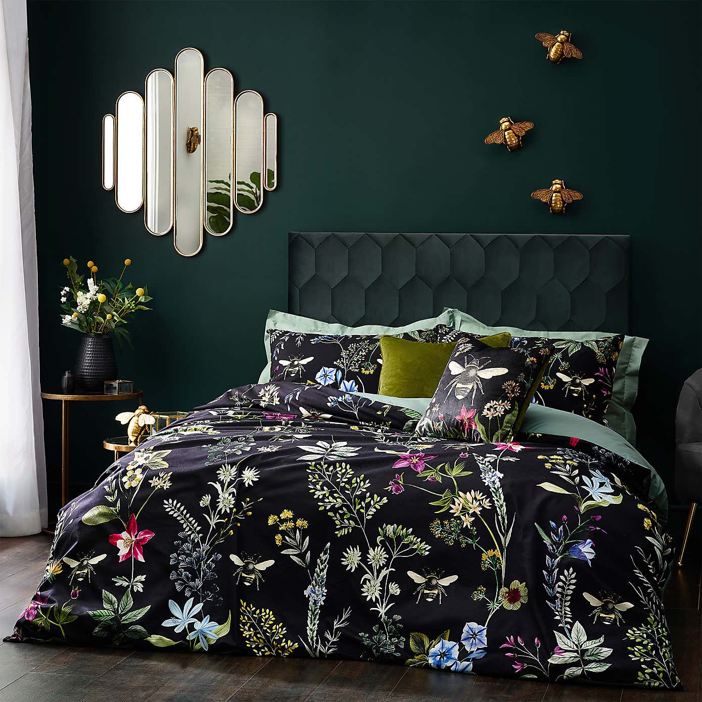 Wylder Midnight Bee Velvet Duvet Cover & Pillowcase Set, Black
