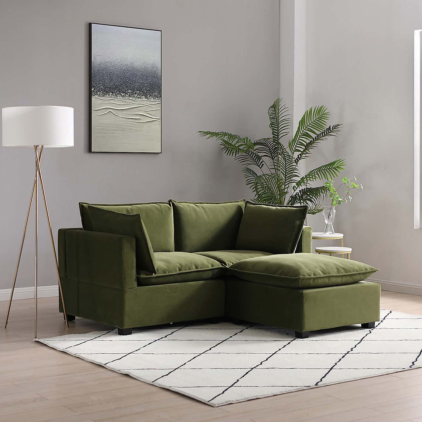 Moda 2 Seater Modular Sofa with Chaise, Olive Velvet