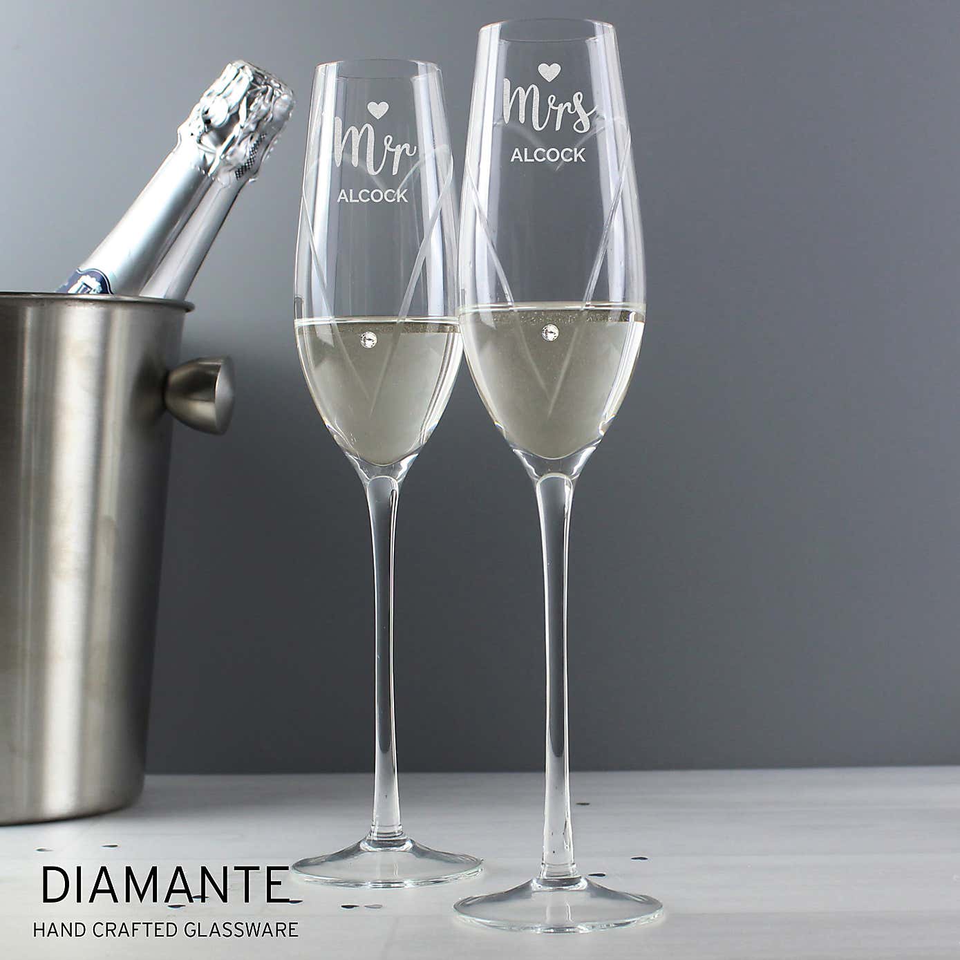 Personalised Hand Cut Mr and Mrs Pair of Flutes in Gift Box
