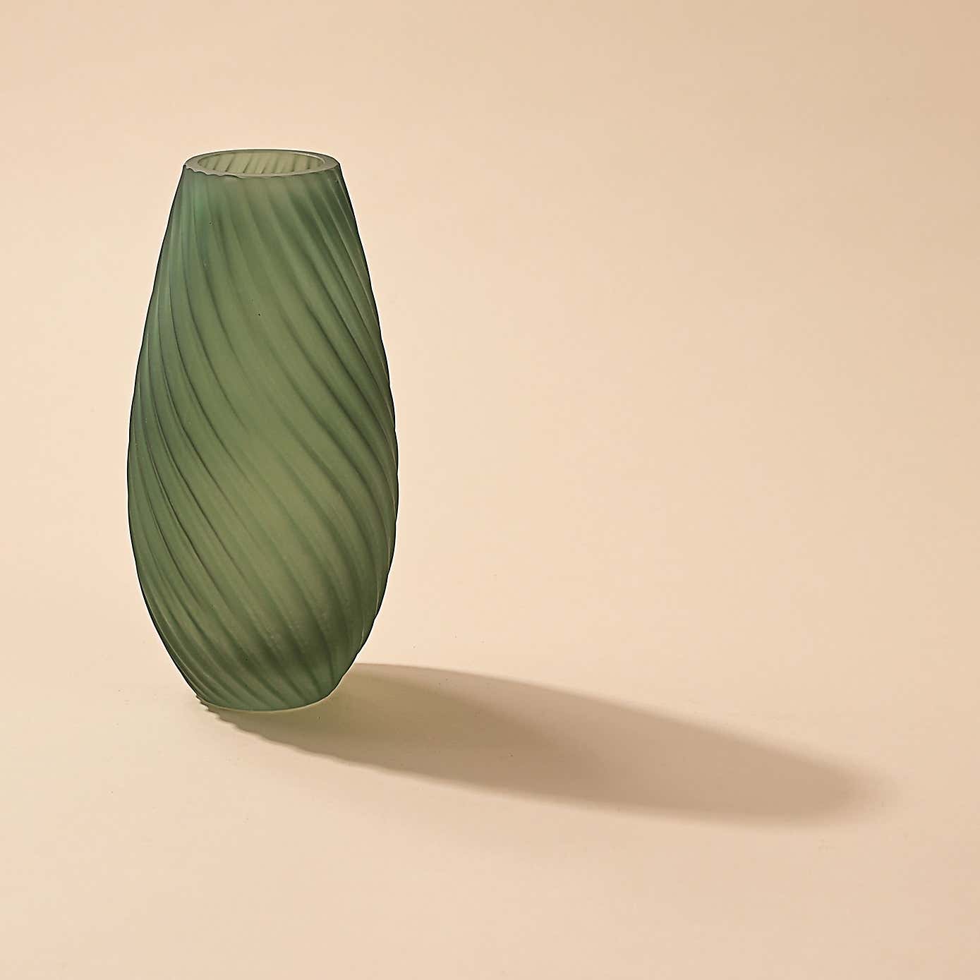 Hestia Ribbed Handmade Glass Green Vase