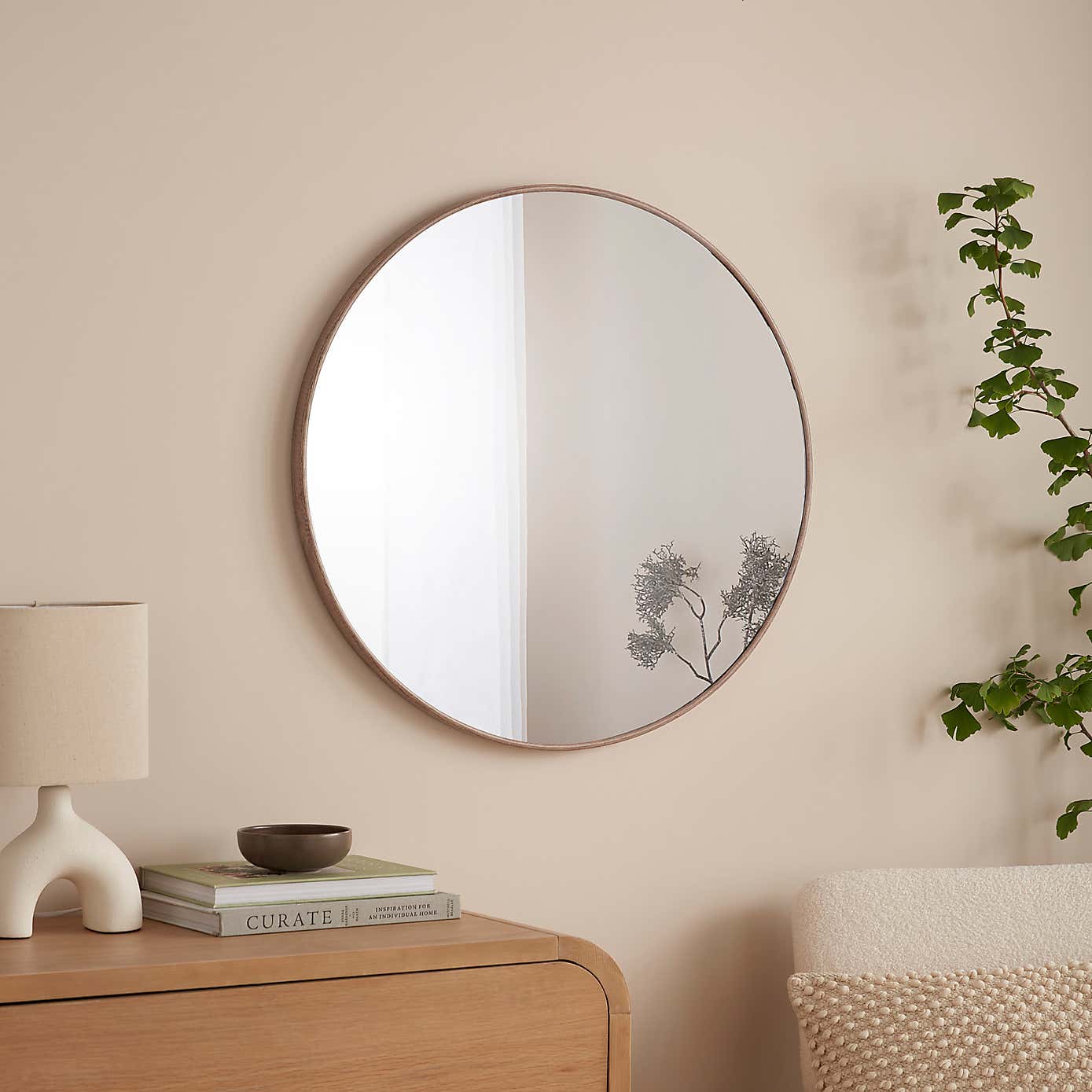 Oslo Round Wooden Effect Mirror, 70cm