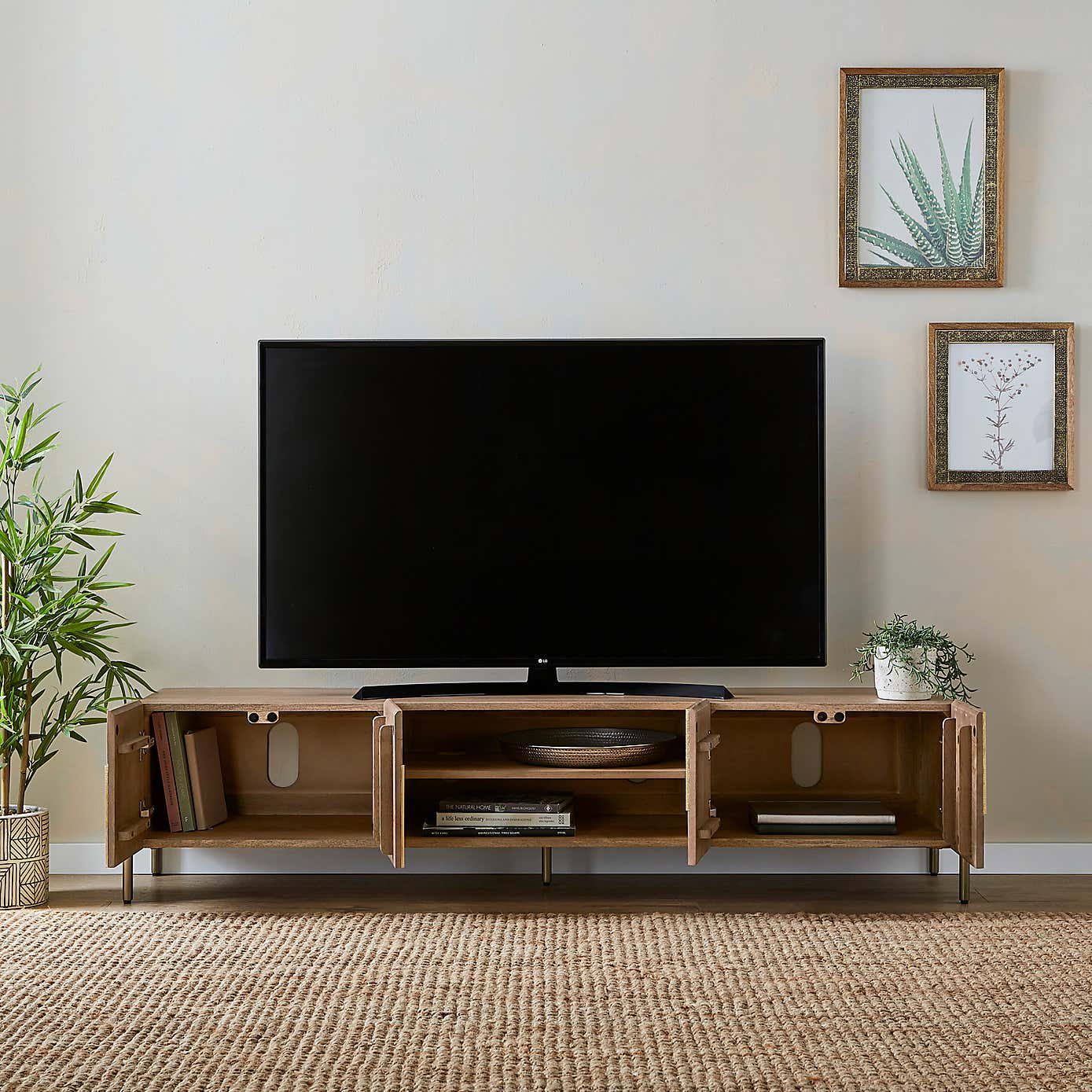 Zaneta Extra Wide TV Unit for TVs up to 80", Mango Wood and Brass
