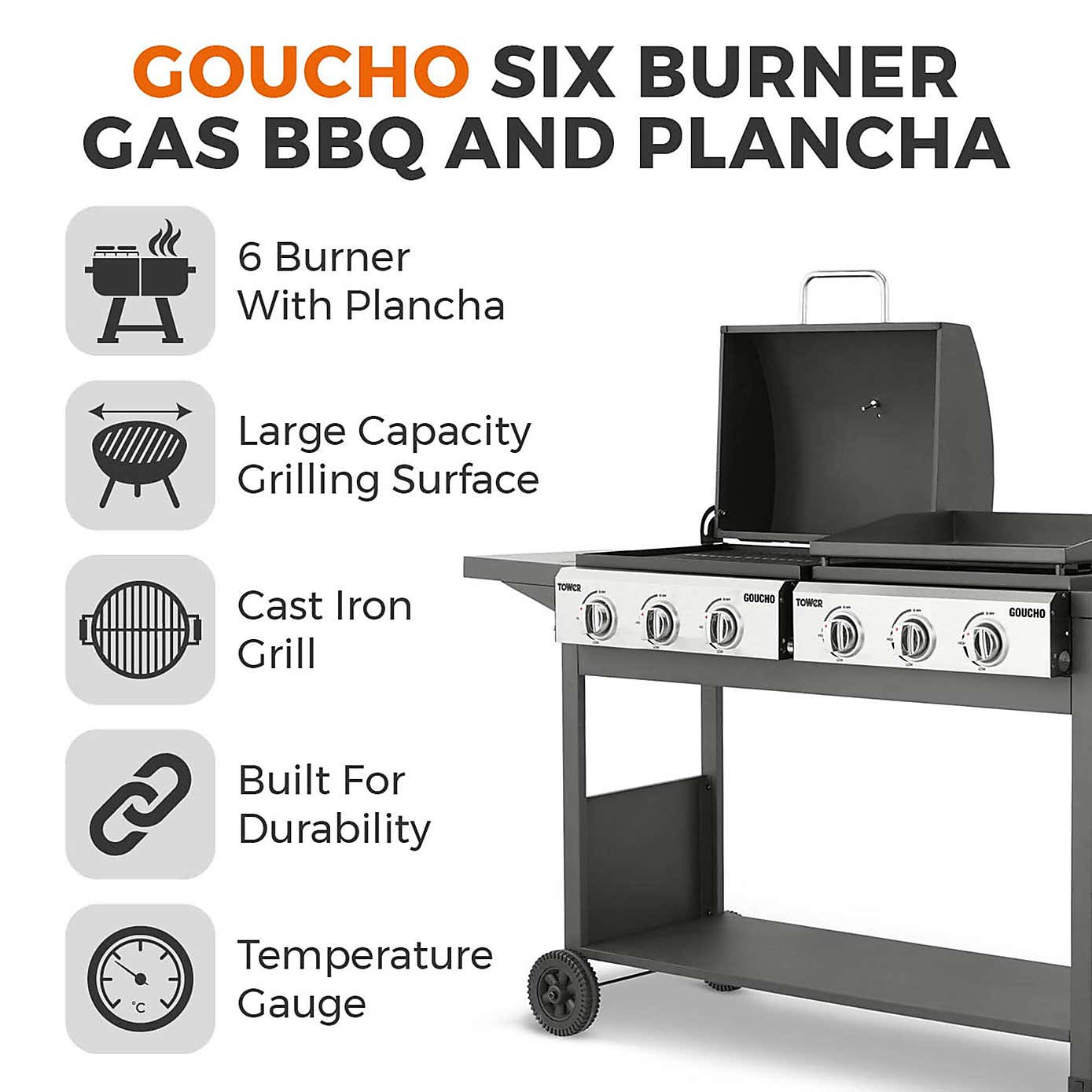 Tower Goucho Gas BBQ & Plancha, Black Steel