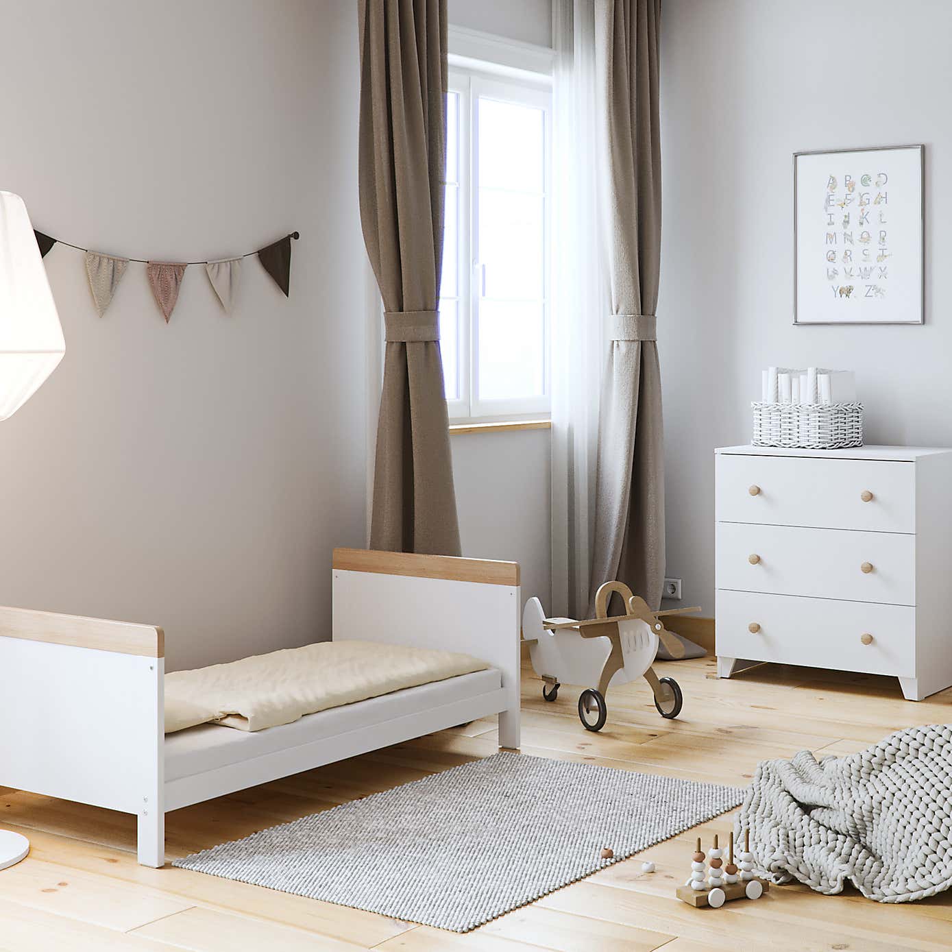 Little Acorns Classic Oak Effect Cot Bed and 3 Drawer Chest Nursery Set