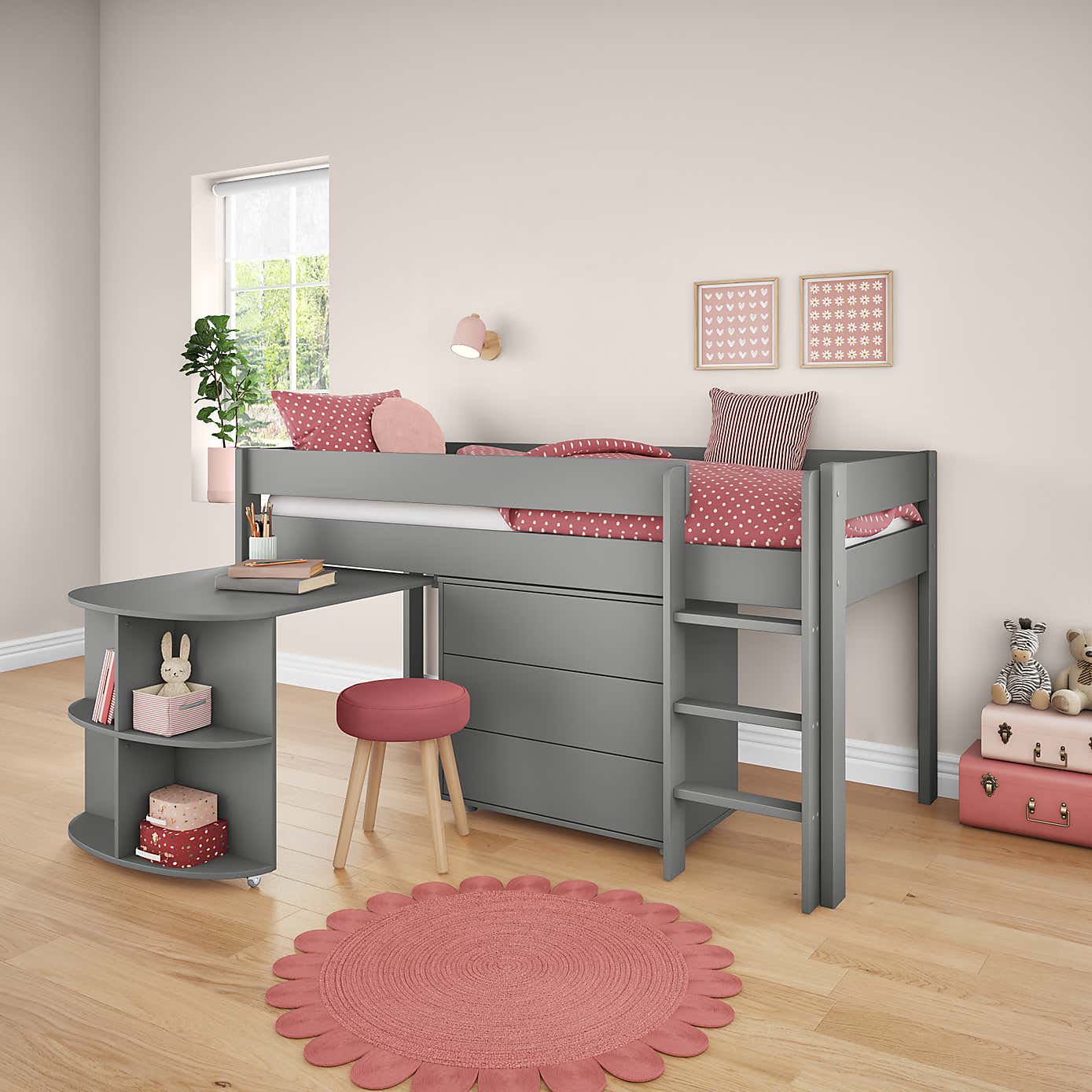 Stompa Uno Midsleeper With Pull Out Desk and Chest of Drawers, Pine