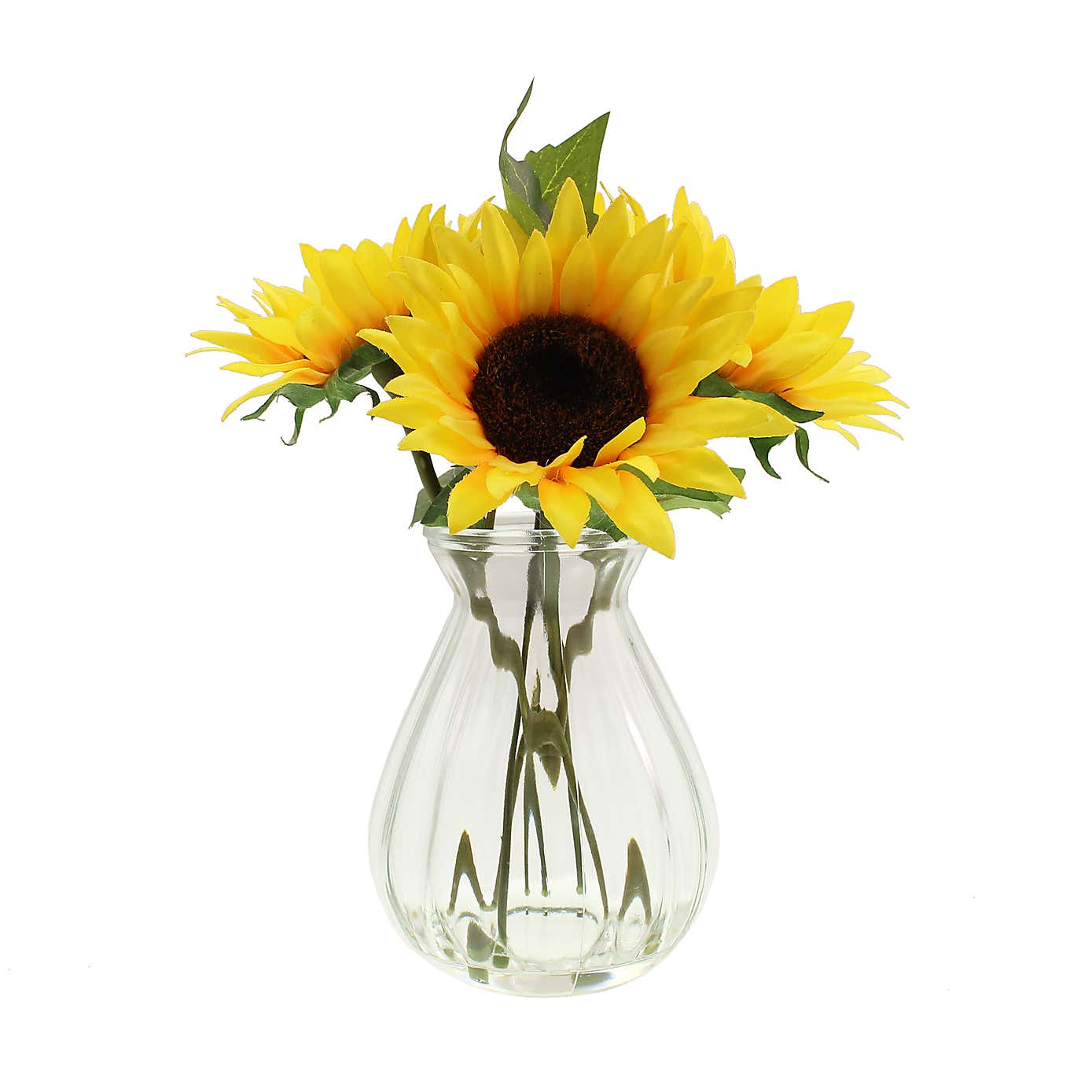 Artificial Sunflower Bouquet in Ribbed Glass Vase