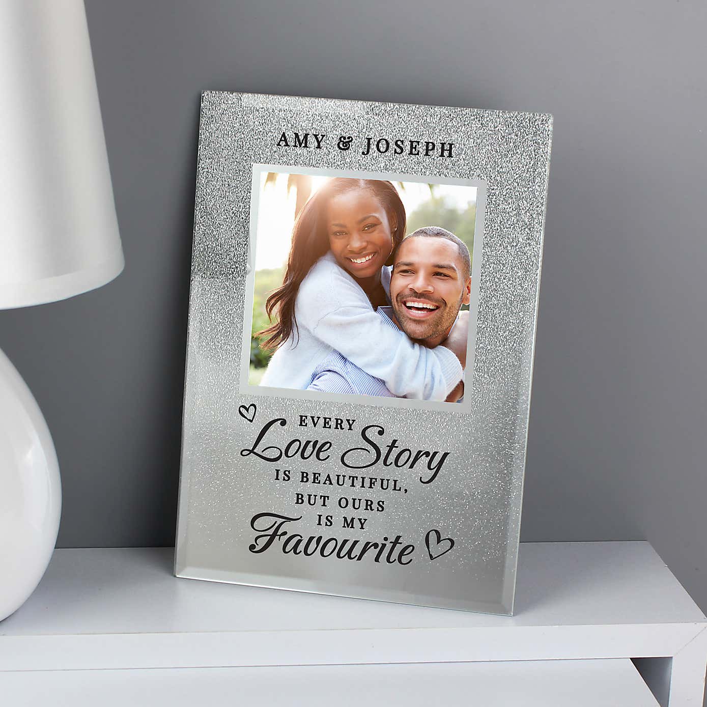 Personalised Every Love Story Is Beautiful Glitter Glass Photo Frame