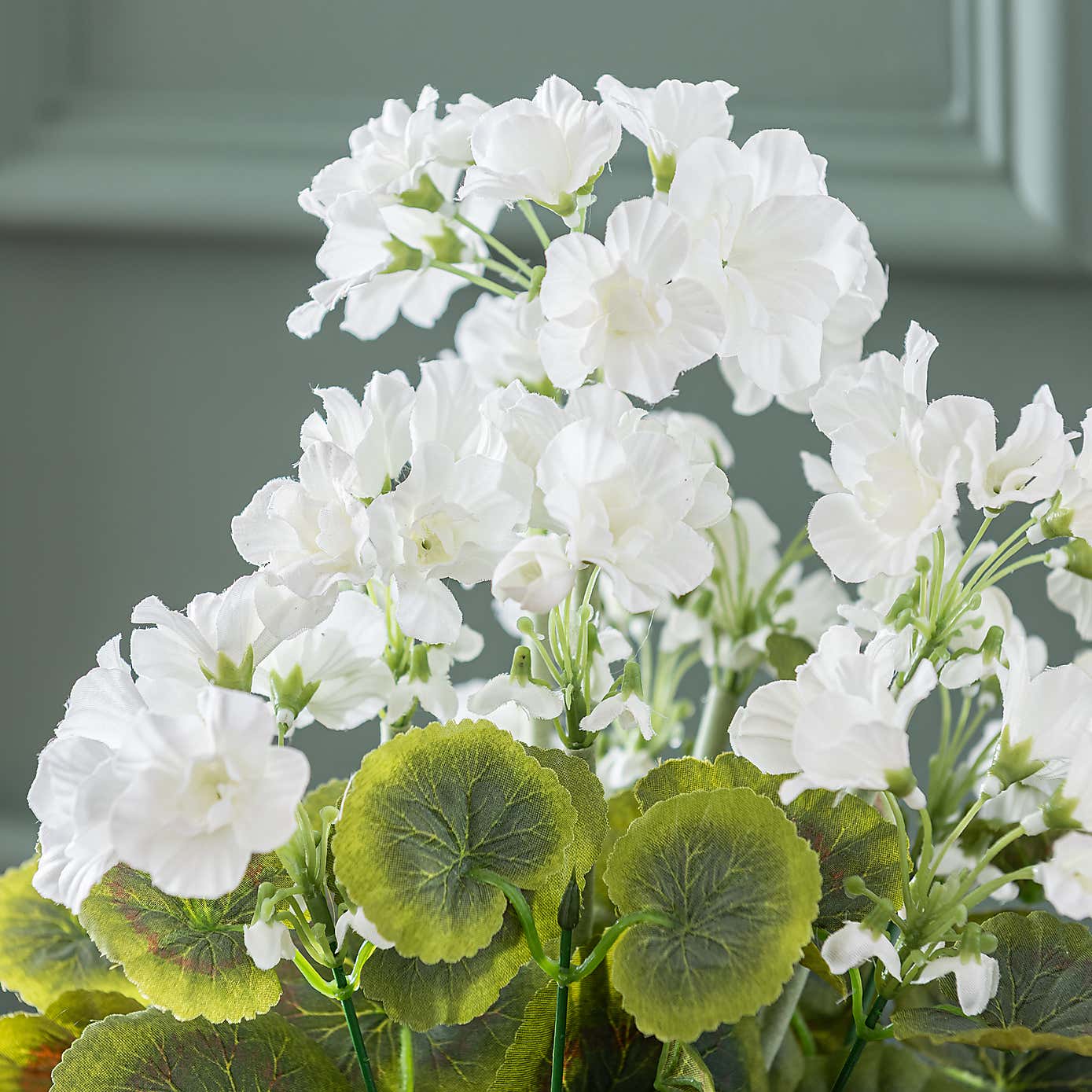 Artificial White Geranium in White Ceramic Plant Pot