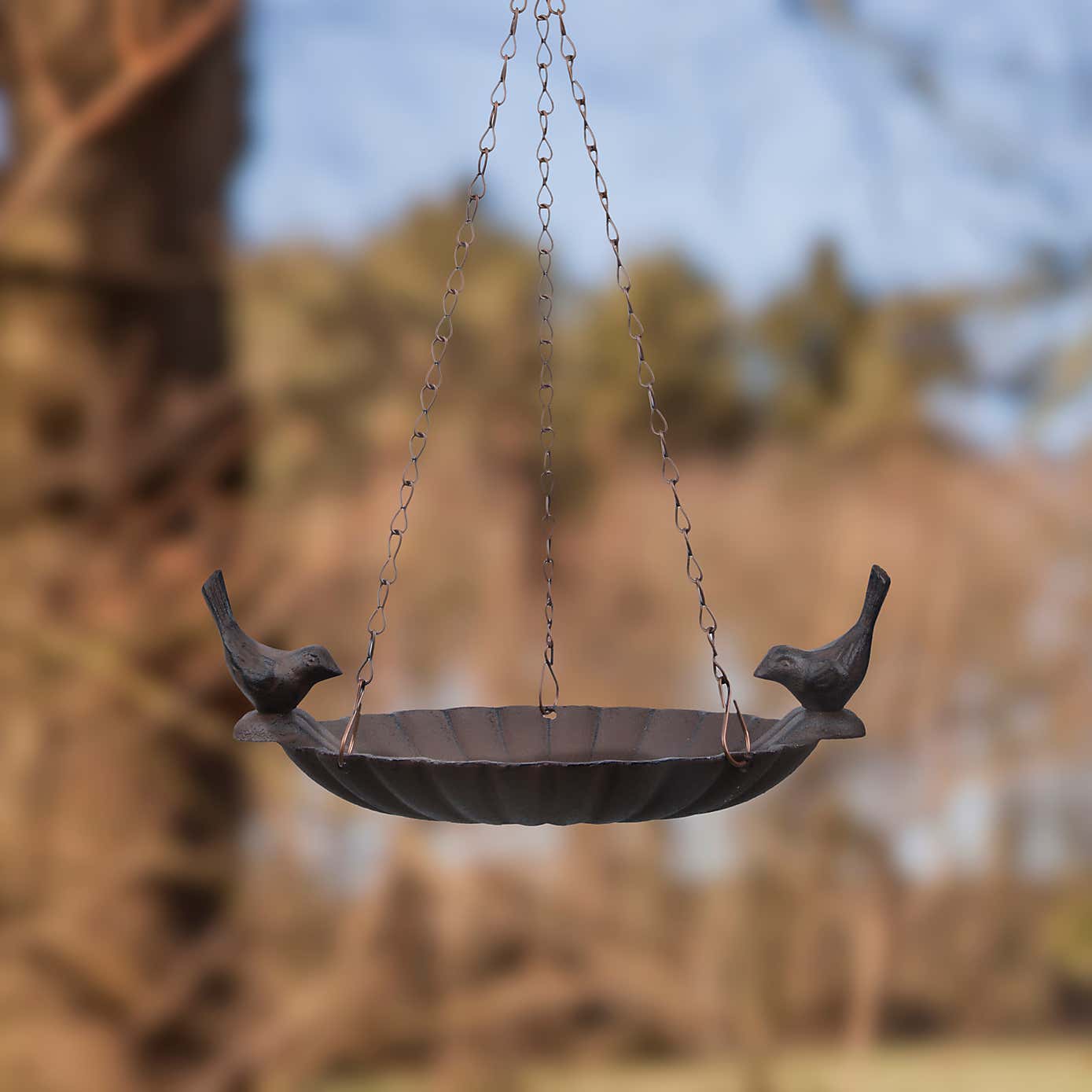 Fallen Fruits Hanging Cast Iron Bird Bath with 2 Birds
