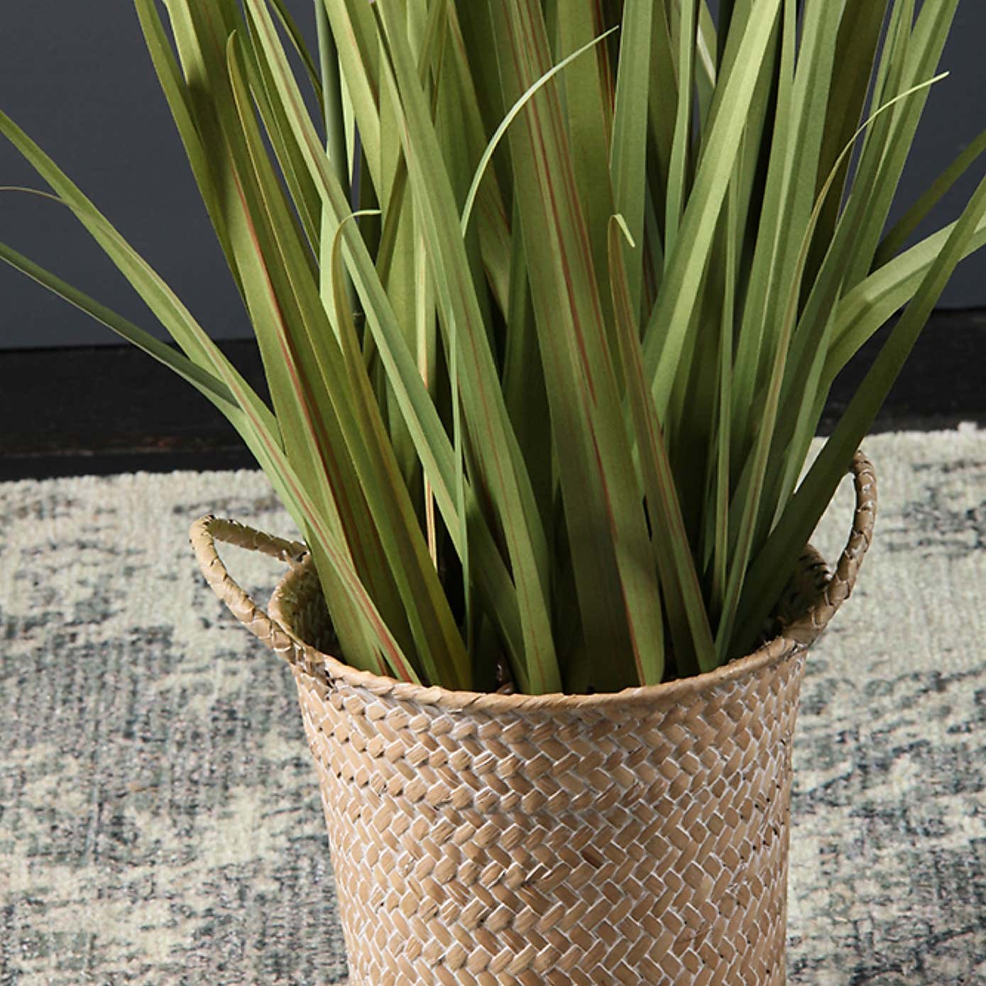 Artificial Green and Cream Pampas Grass in Woven Basket Plant Pot