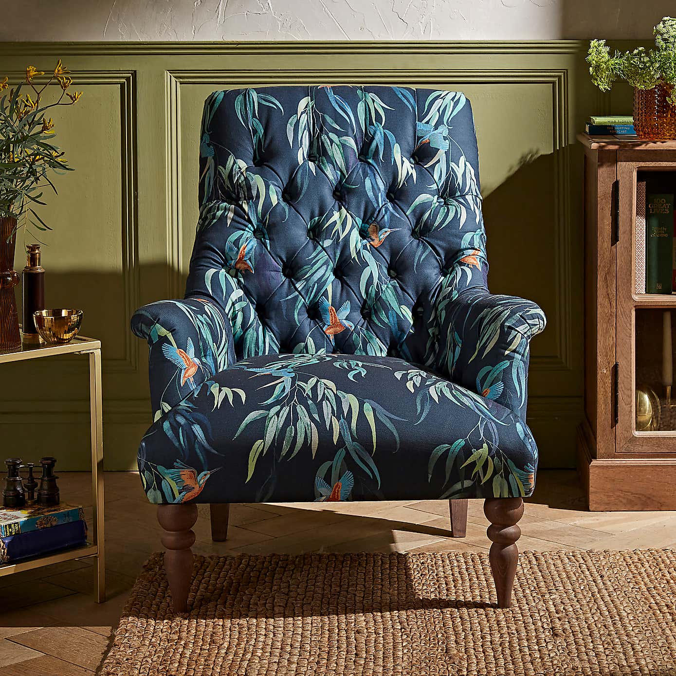 Bibury Button Back Kingfisher Print Occasional Armchair