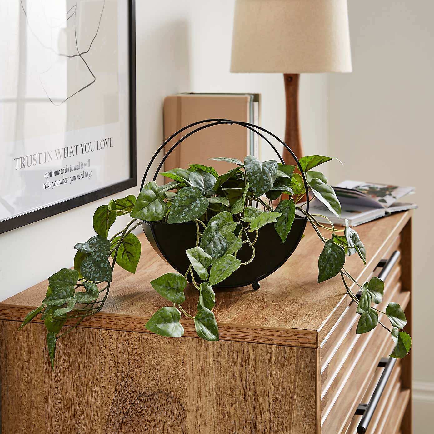 Artificial Trailing Plant in Round Metal Vase