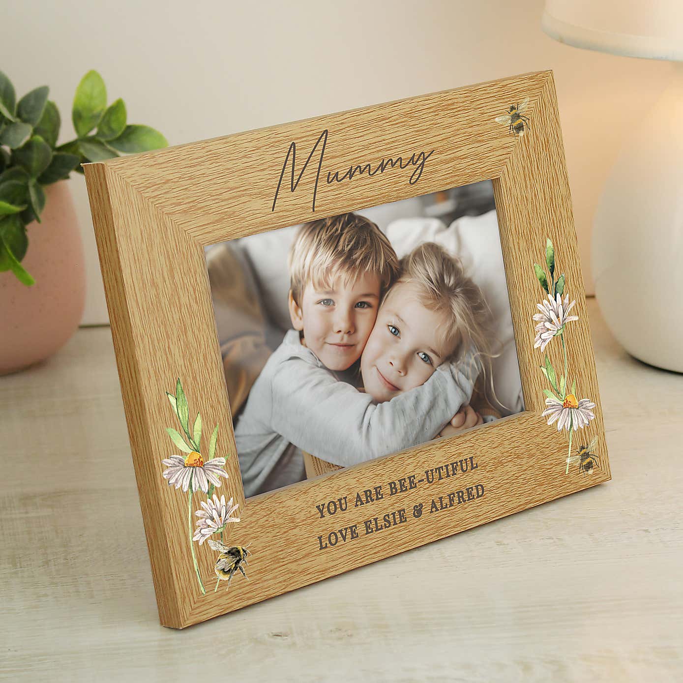 Personalised Floral Bee Oak Finish Photo Frame