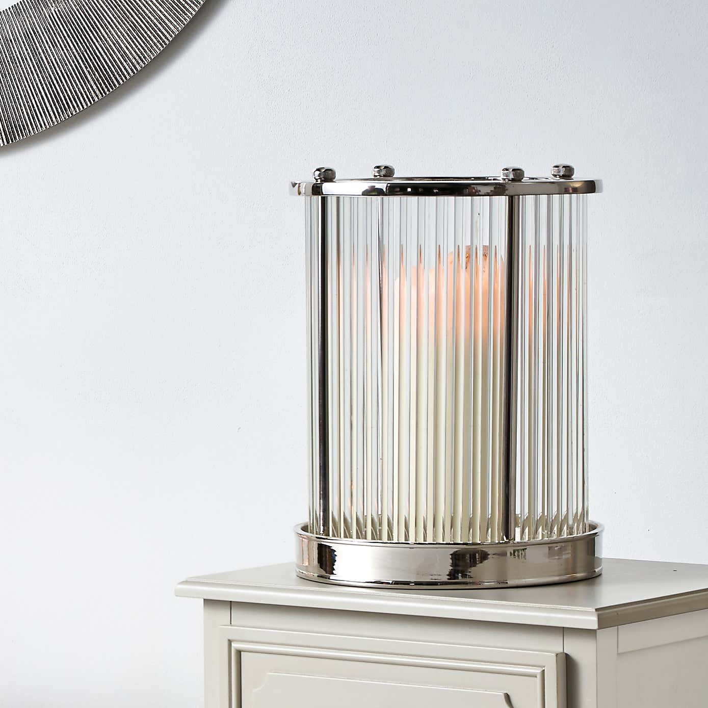 Silver & Ribbed Glass Hurricane Candle Holder