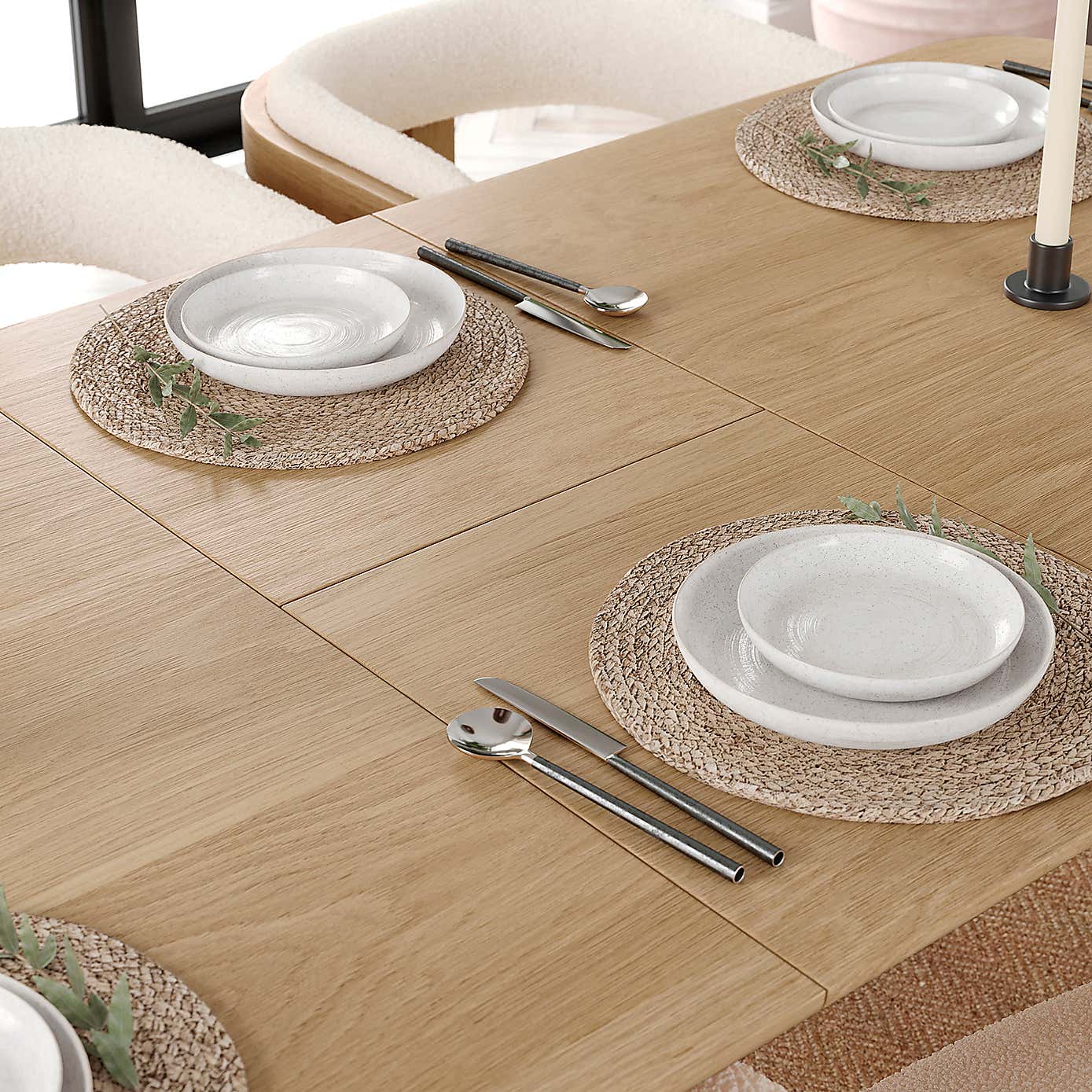 Karla Rectangular Extendable Dining Table with Oskar Natural Stained Ivory Boucle Dining Chairs