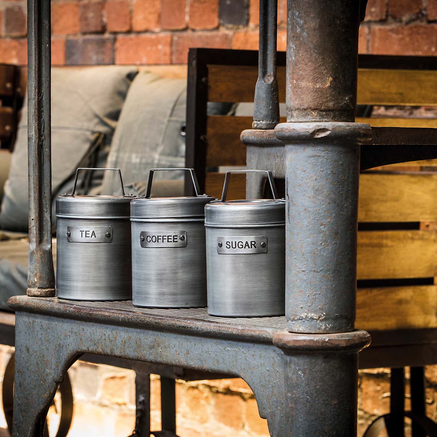Set of 3 Grey Metal Coffee, Sugar and Tea Canister Set