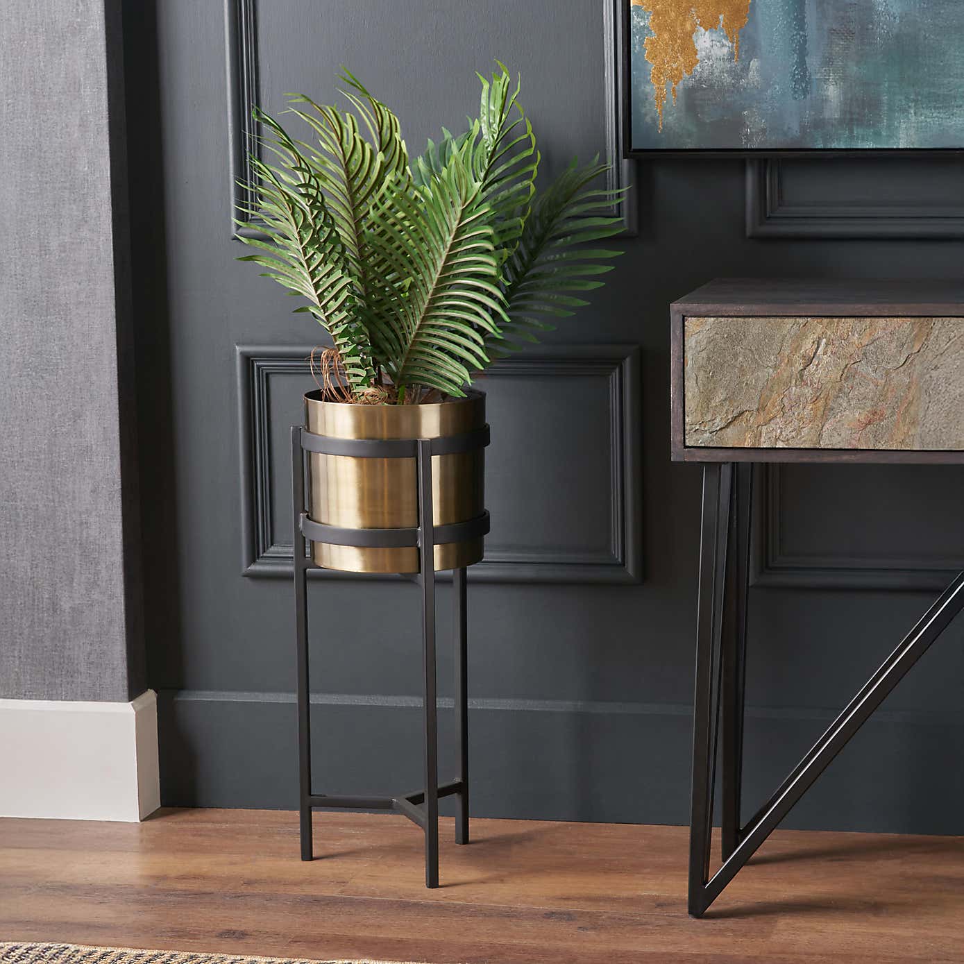Brass & Black Metal Plant Pot & Stand