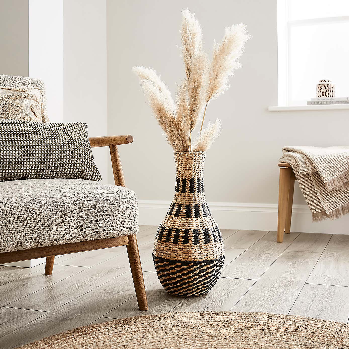 Woven Black & Natural Straw Vase
