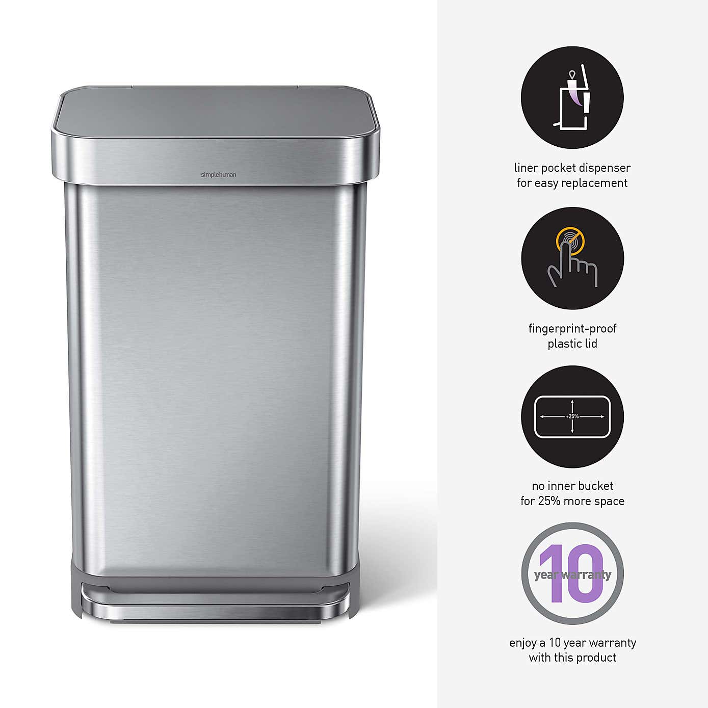 simplehuman 45 Litre Liner Pocket Bin with Plastic Lid