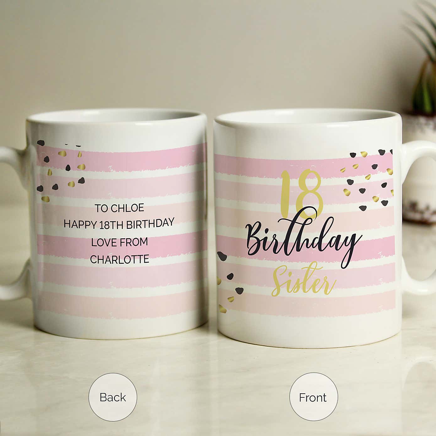 Personalised Birthday Gold and Pink Stripe Mug