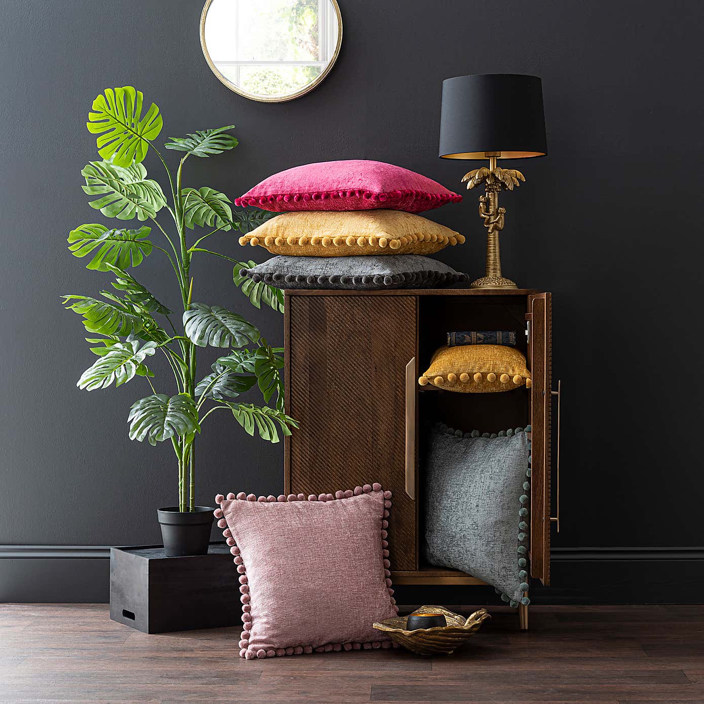 Chenille Square PomPom Cushion