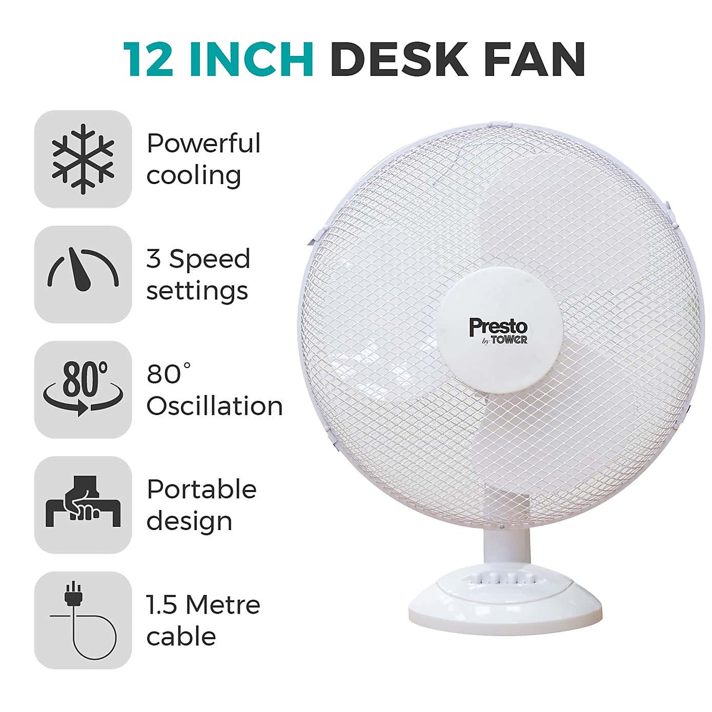 Tower Presto 12" White Desk Fan