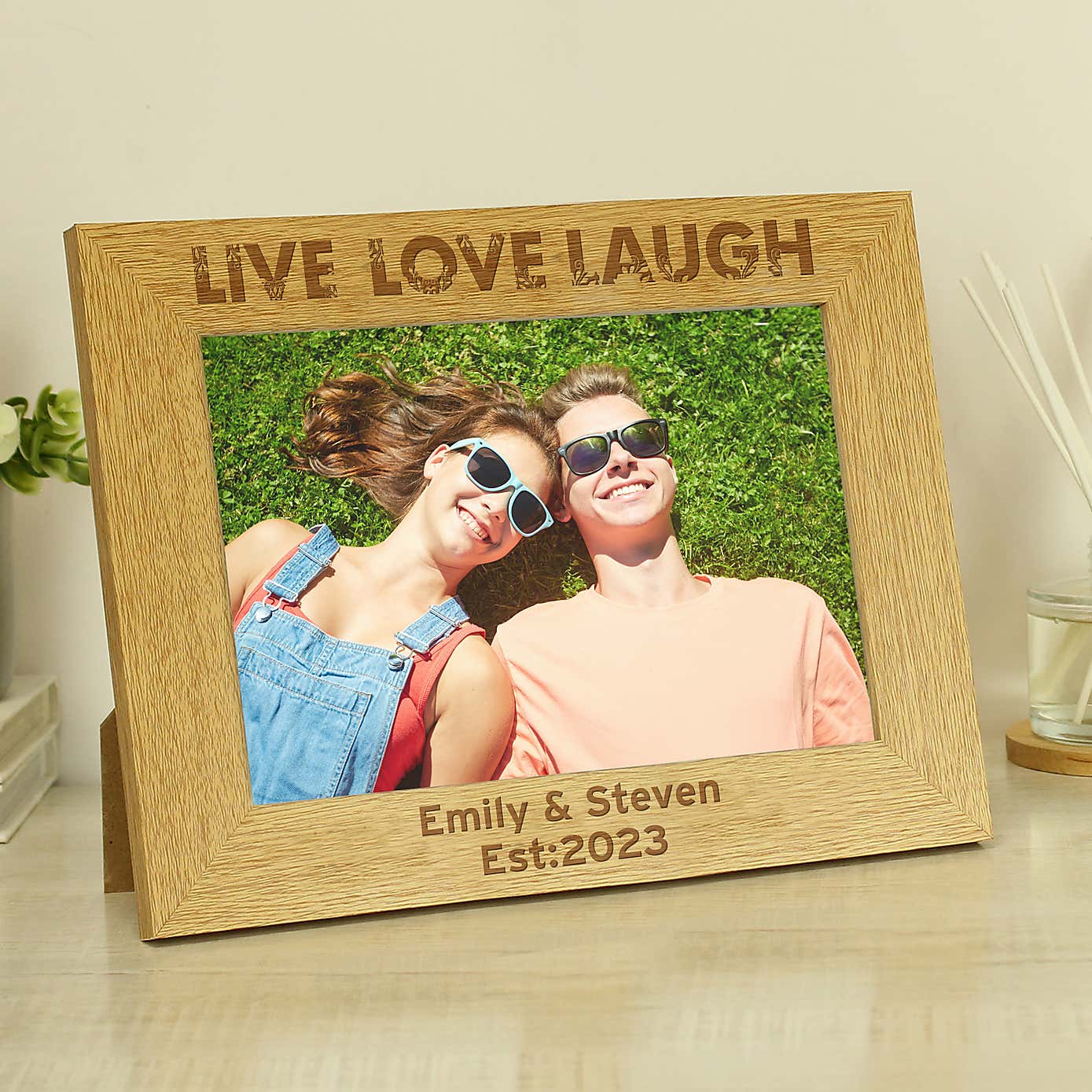 Personalised Live Love Laugh Wooden Landscape Photo Frame