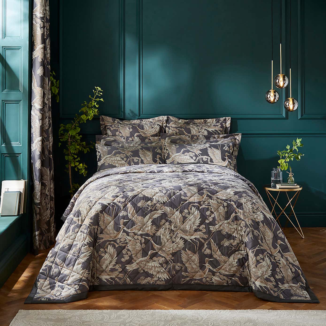 Dorma Gilded Crane Charcoal Bedspread