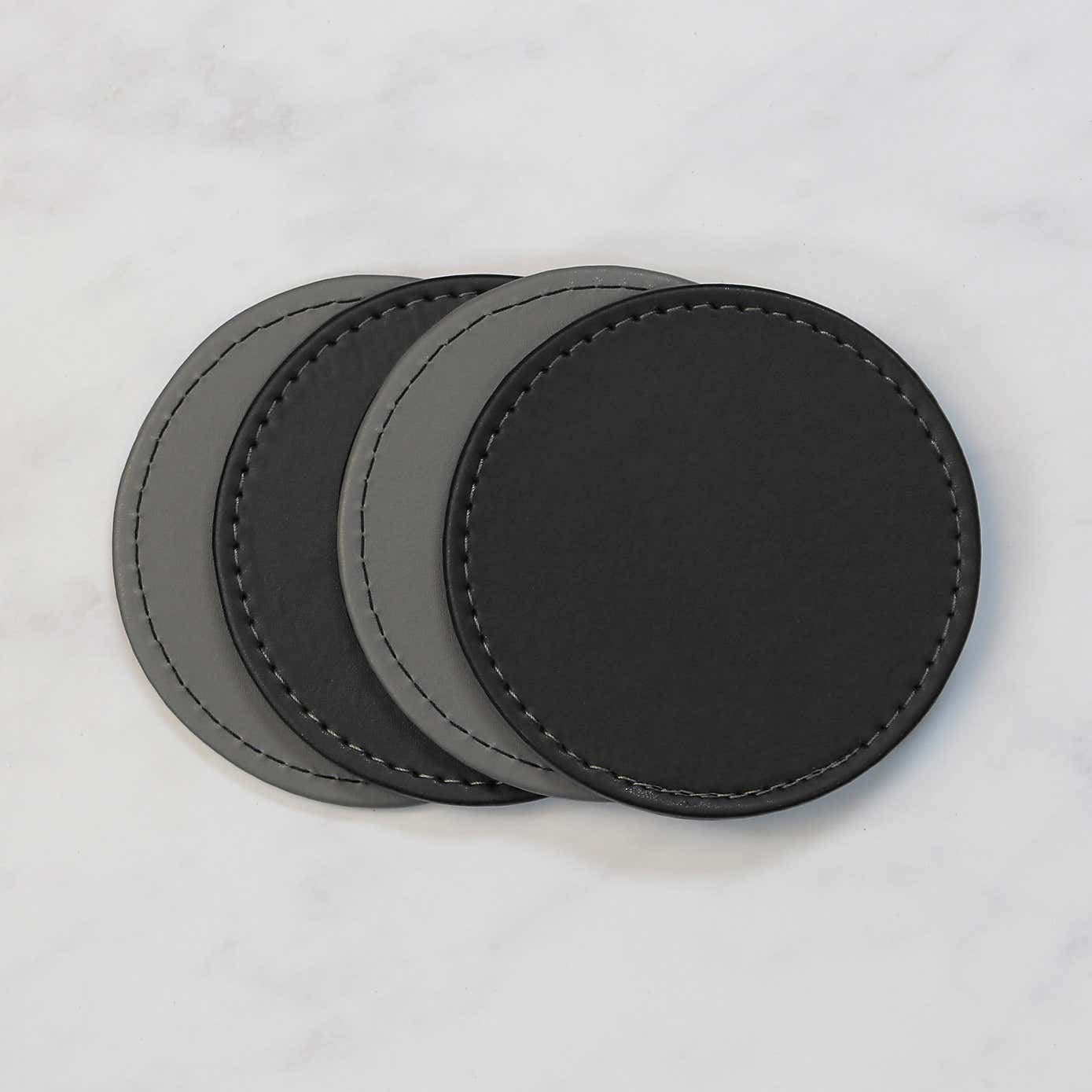 Set of 4 Black & Grey Faux Leather Reversible Round Coasters