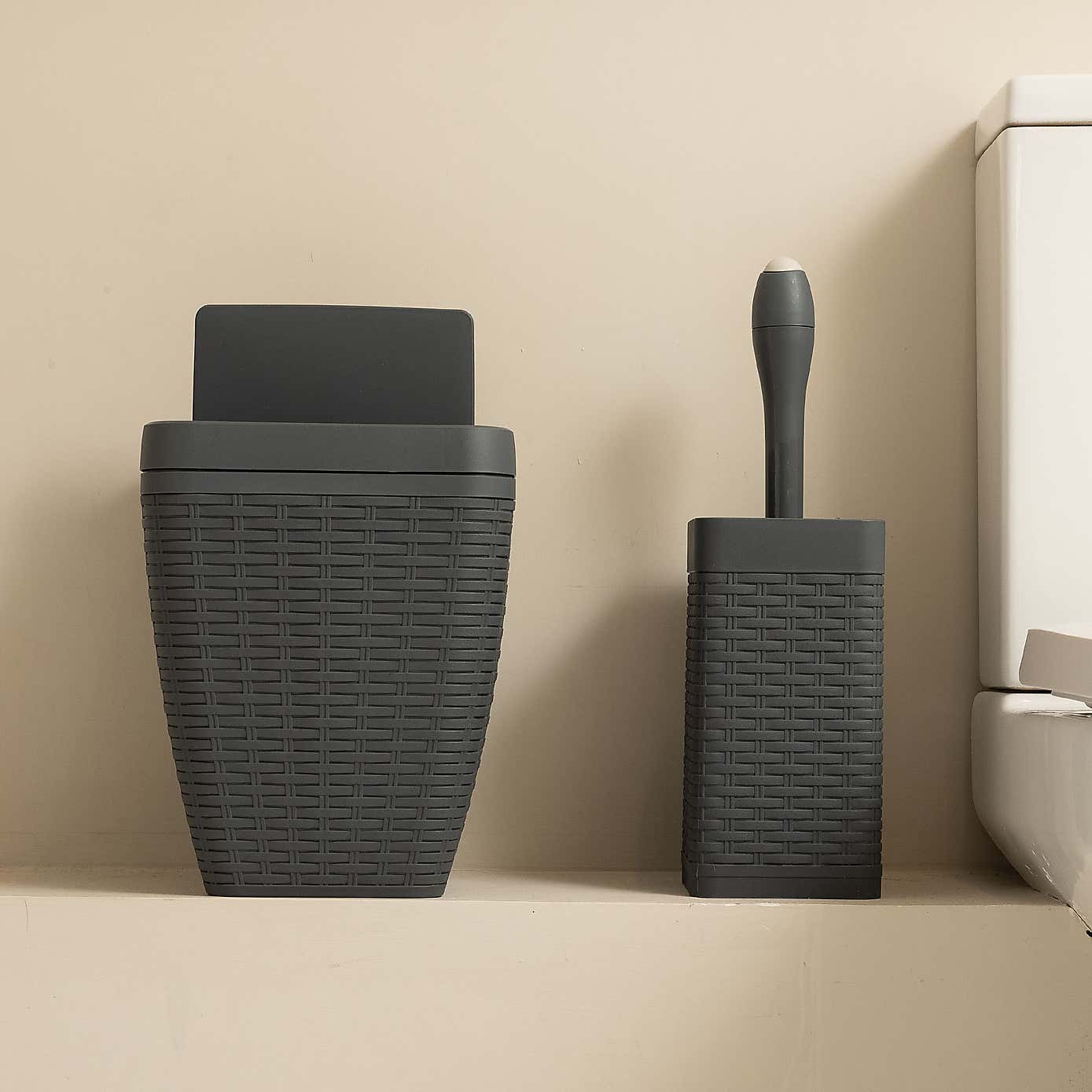 Addis Rattan Charcoal Toilet Brush & Bin Set