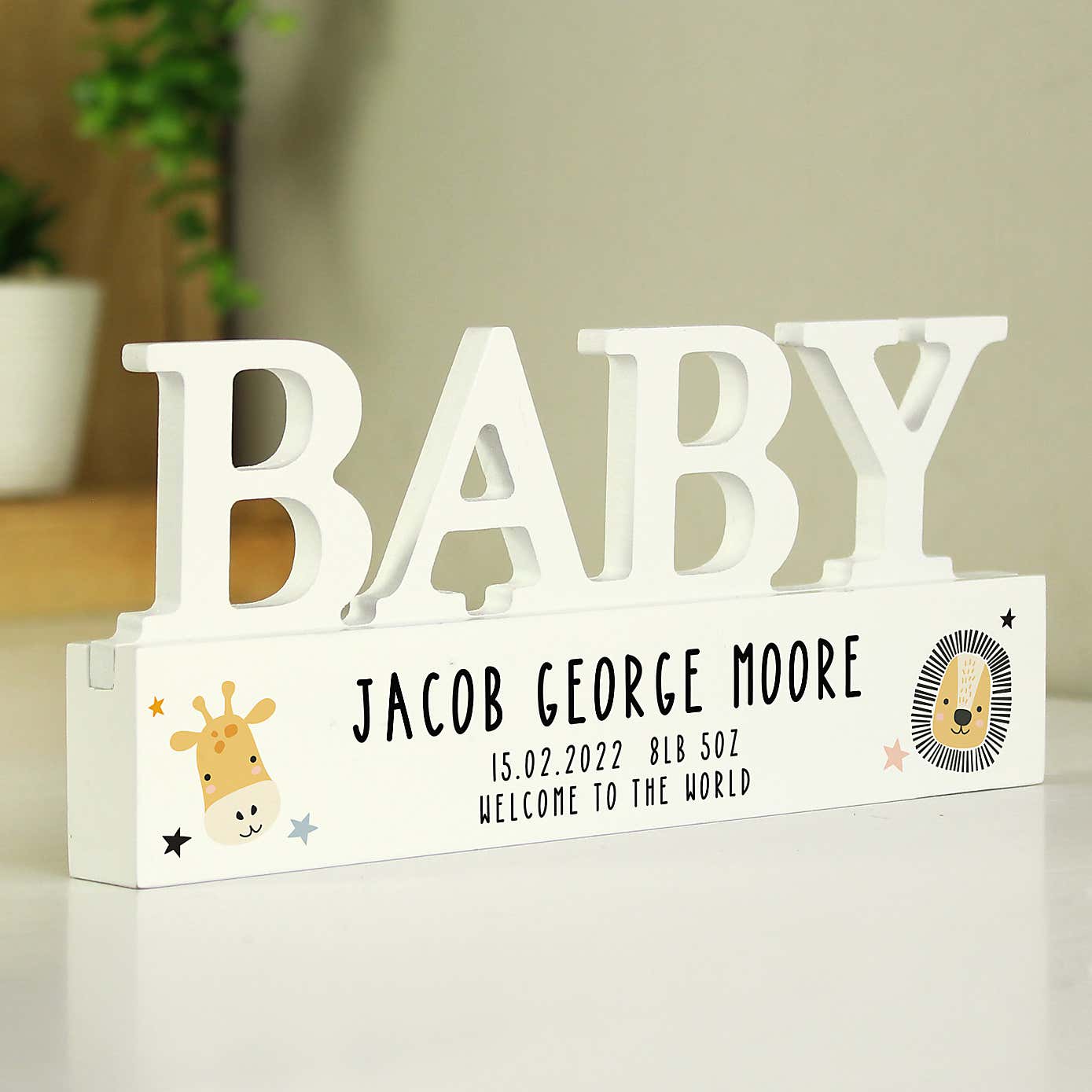 Personalised Scandi Safari Animals Wooden Baby Ornament