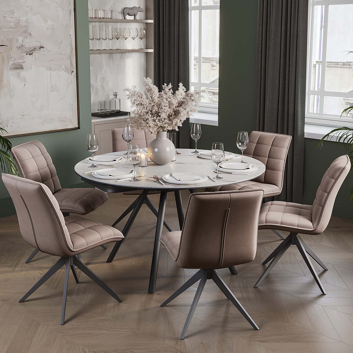 Indus Valley Camden 4-6 Seater Round Extendable Dining Table With 6 Aura Dining Chairs