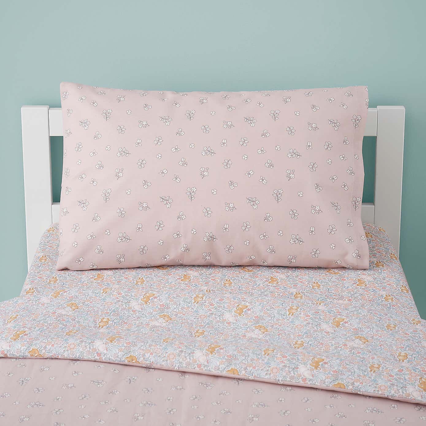 Ditsy Bunny Pink 100% Cotton Reversible Cot Bed Duvet Cover and Pillowcase Set