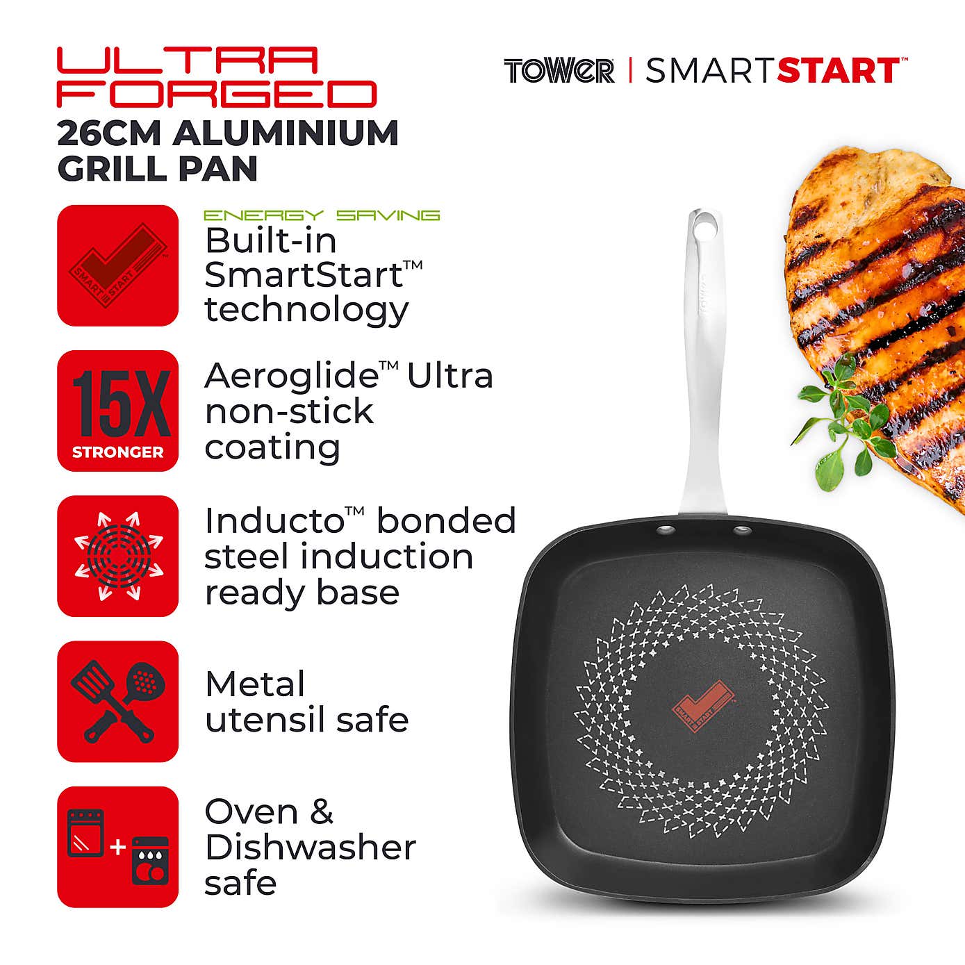 Tower Smart Start Non-Stick Ultra Forged Aluminium Grill Pan, 26cm