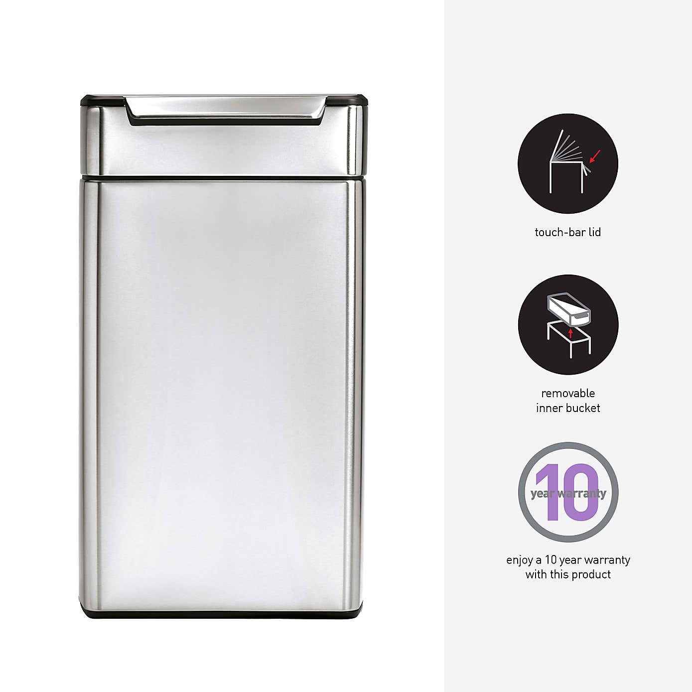 Simple Human 40 Litre Rectangular Touch Stainless Steel Bin