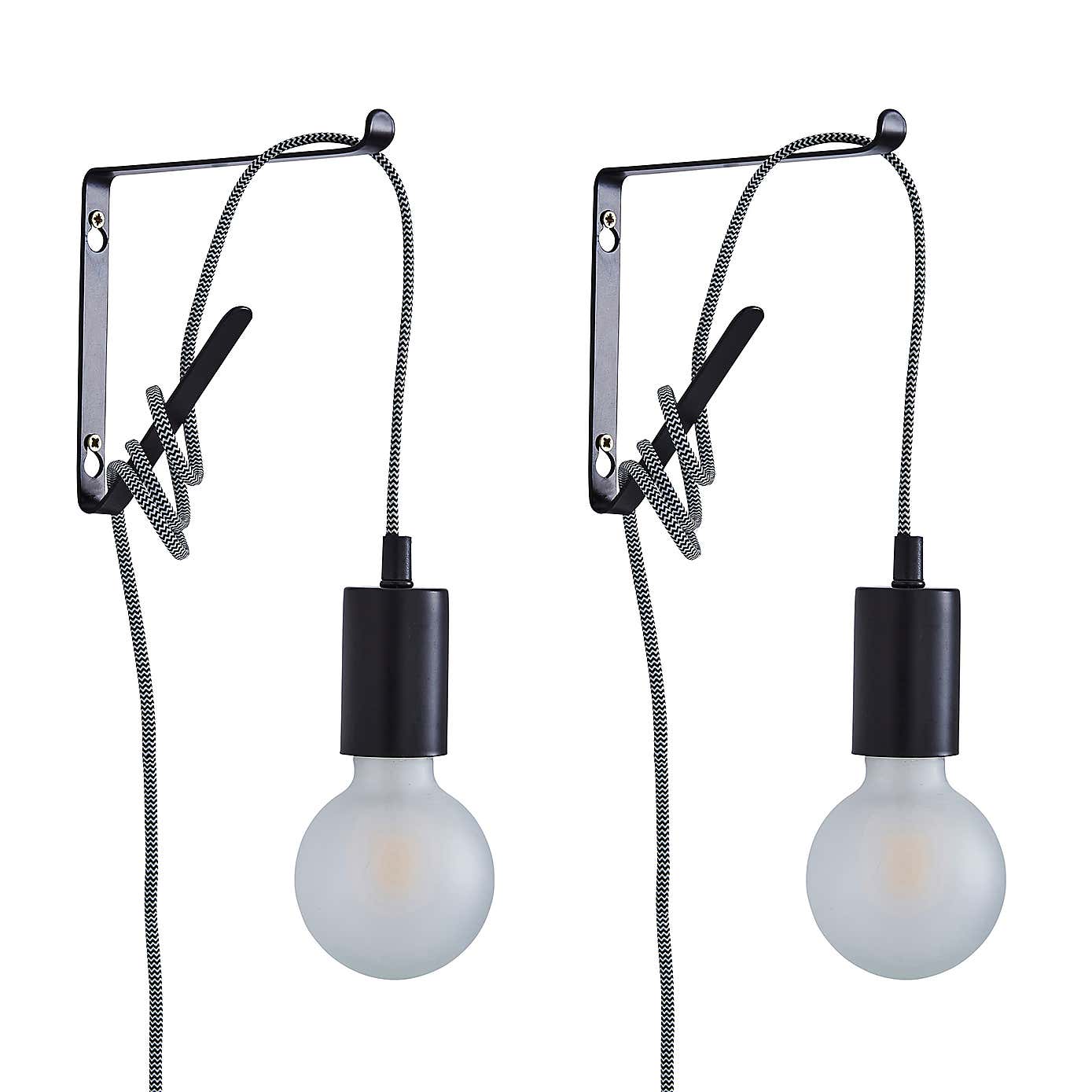 Set of 2 Bradford Plug in Flex Wall Lights, Matt Black