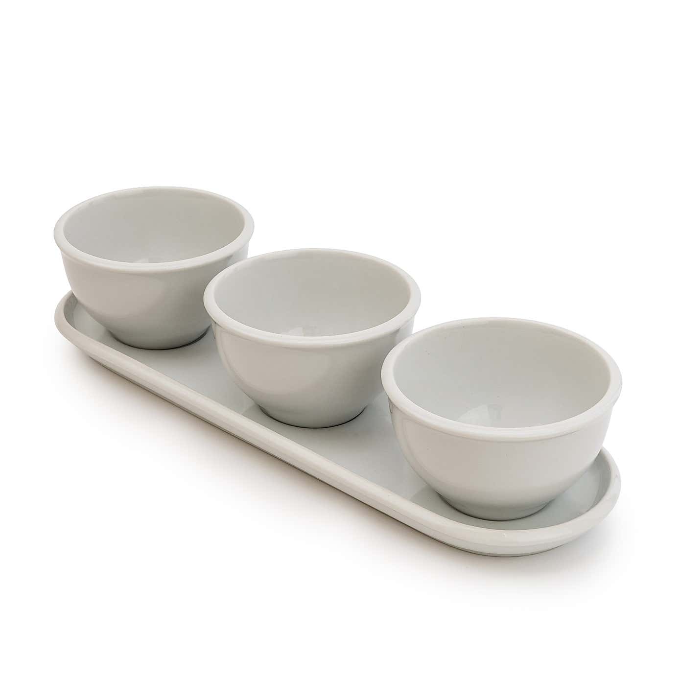 White Set of 3 Dip Bowls with Platter