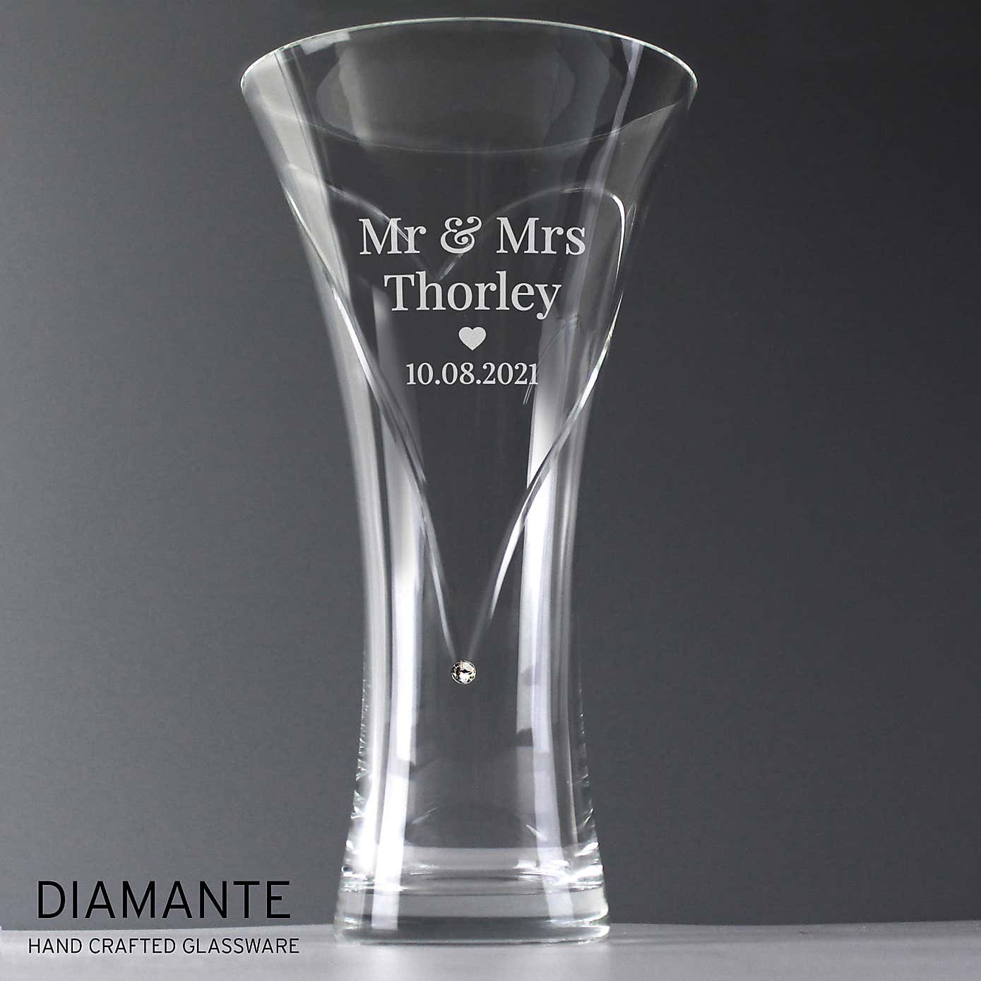 Personalised Mr and Mrs Large Hand Cut Diamante Heart Vase