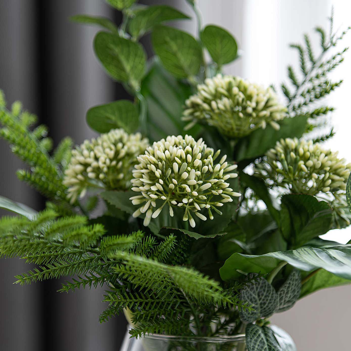 Artificial Allium and Foliage Bouquet in Glass Vase