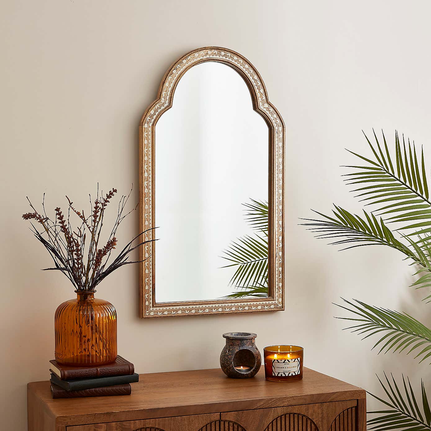 Hani Mango Wood Floral Arched Wall Mirror