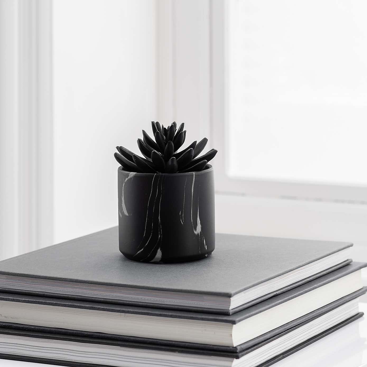 Artificial Succulent in Black Marble Plant Pot