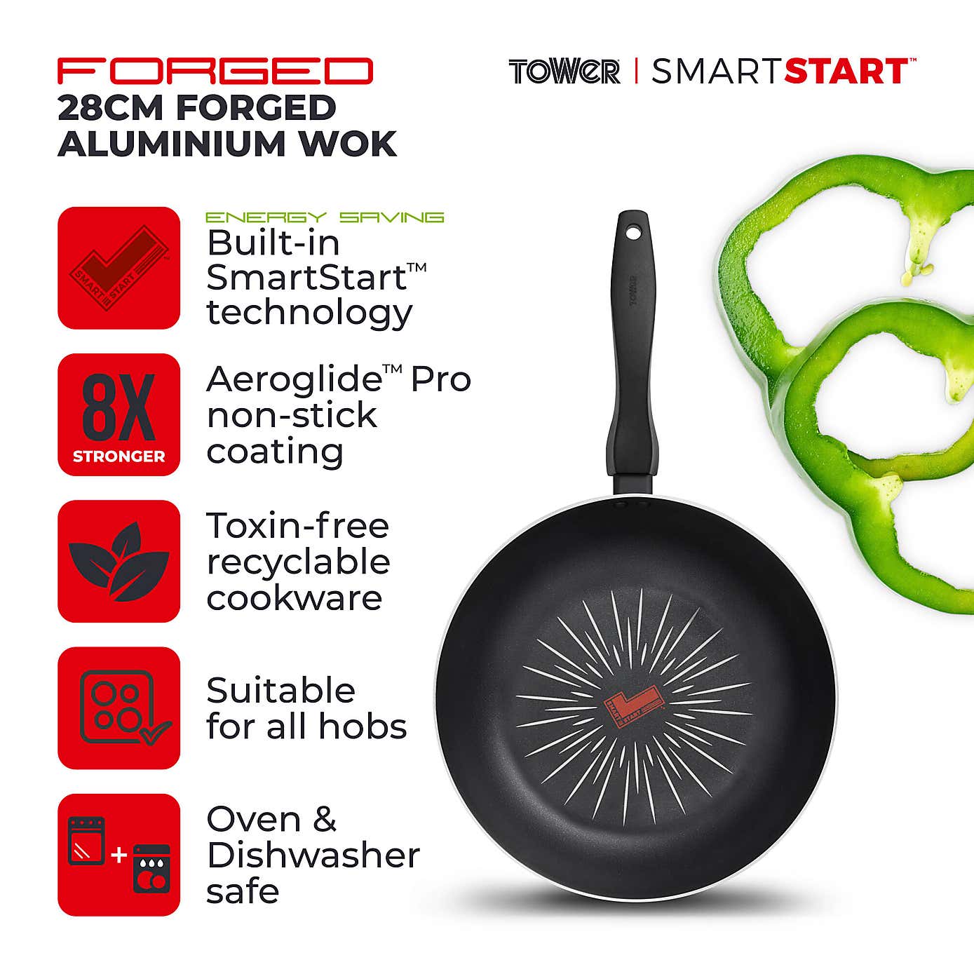 Tower Smart Start Non-Stick Forged Aluminium Wok, 28cm