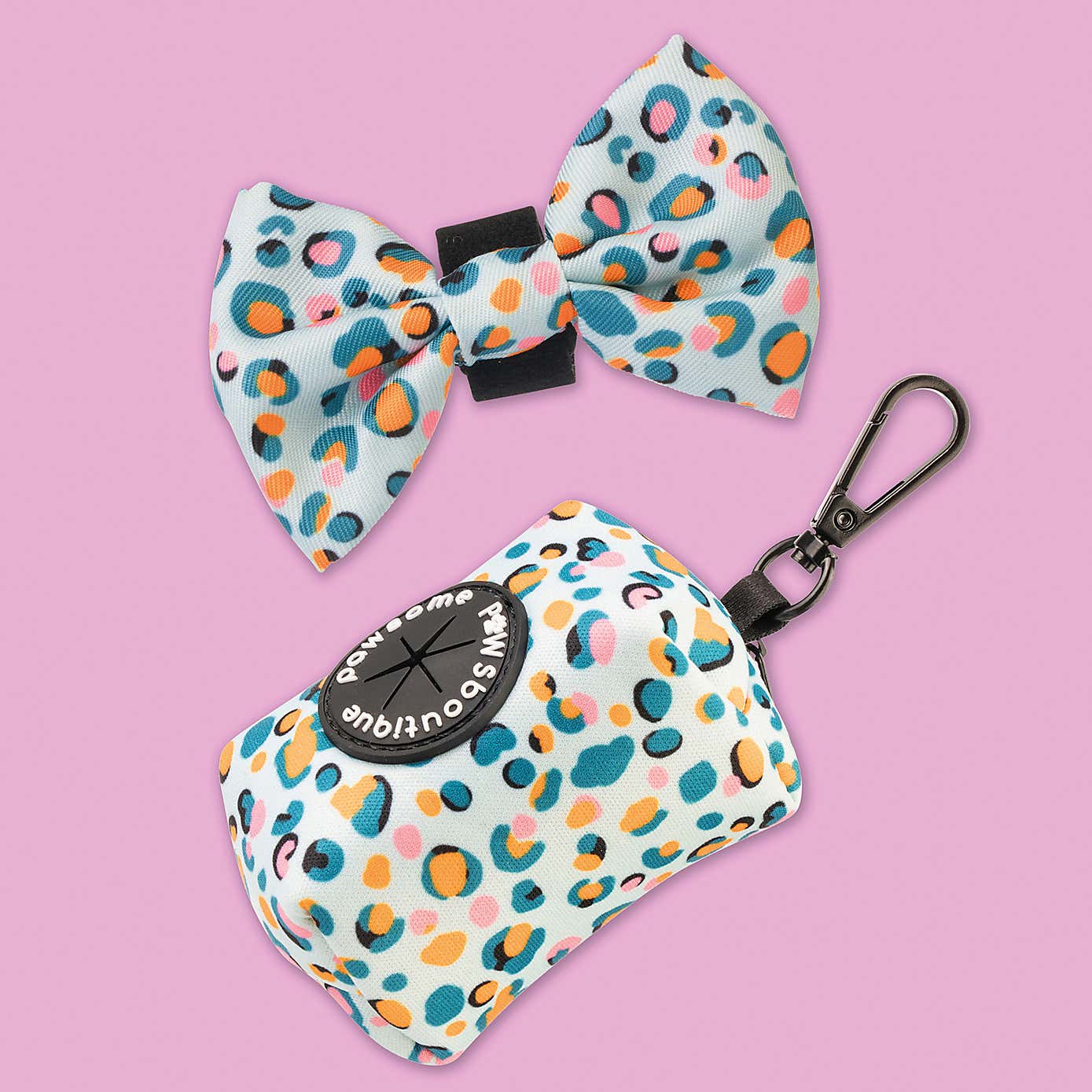 Blue Leopard Poo Bag Holder & Bow Tie Set