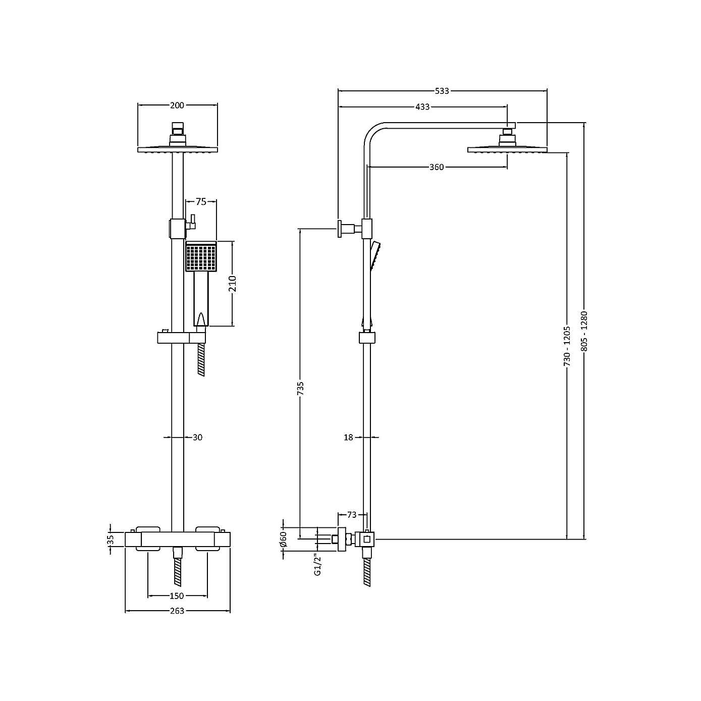 Square Thermostatic Bar Shower with Kit