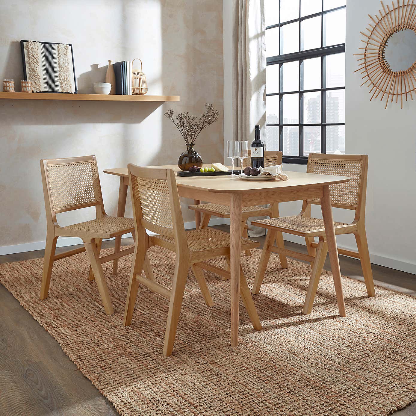 Karla Rectangular Extendable Dining Table with 4 Arielle Natural Oak Dining Chairs