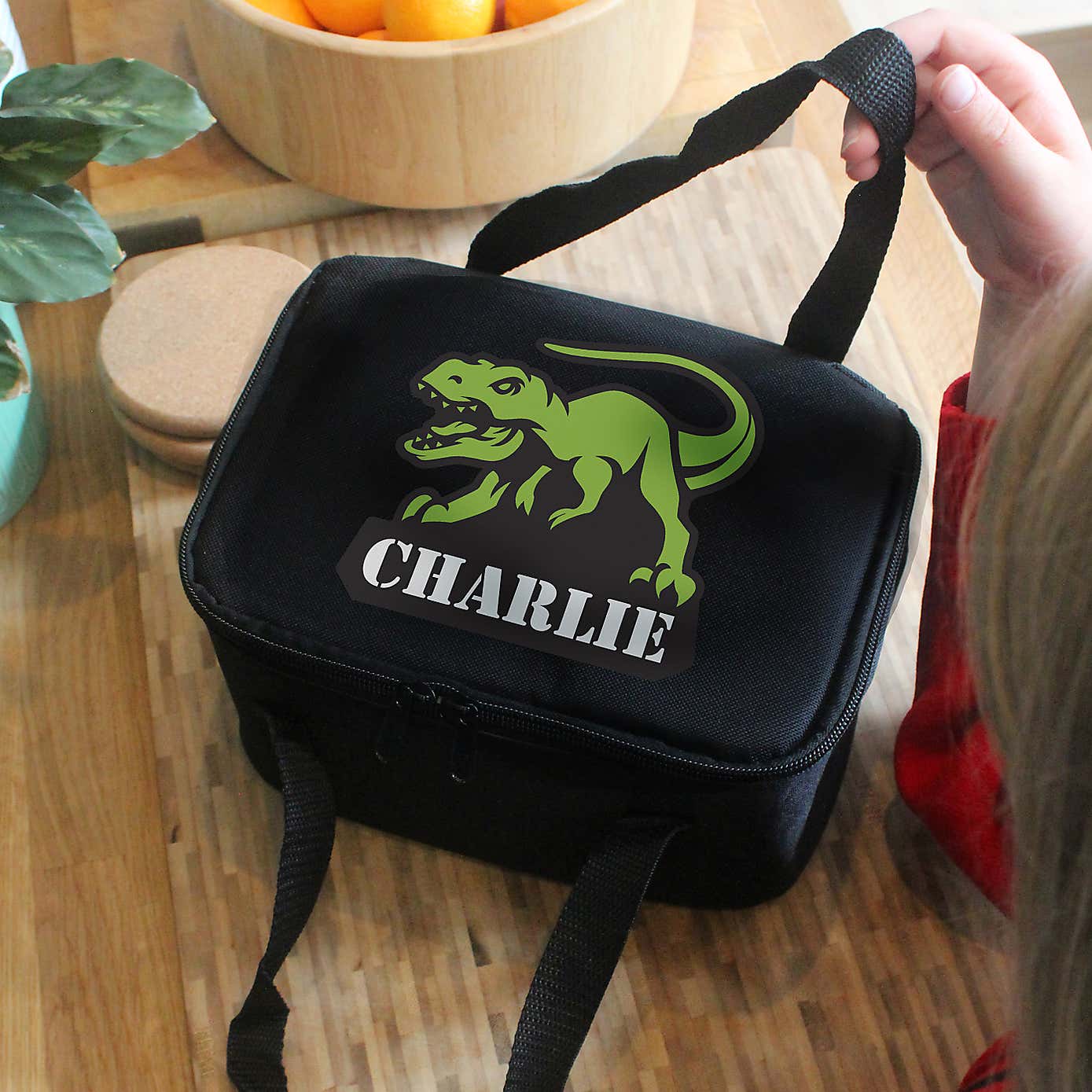 Personalised Black Dinosaur Lunch Bag