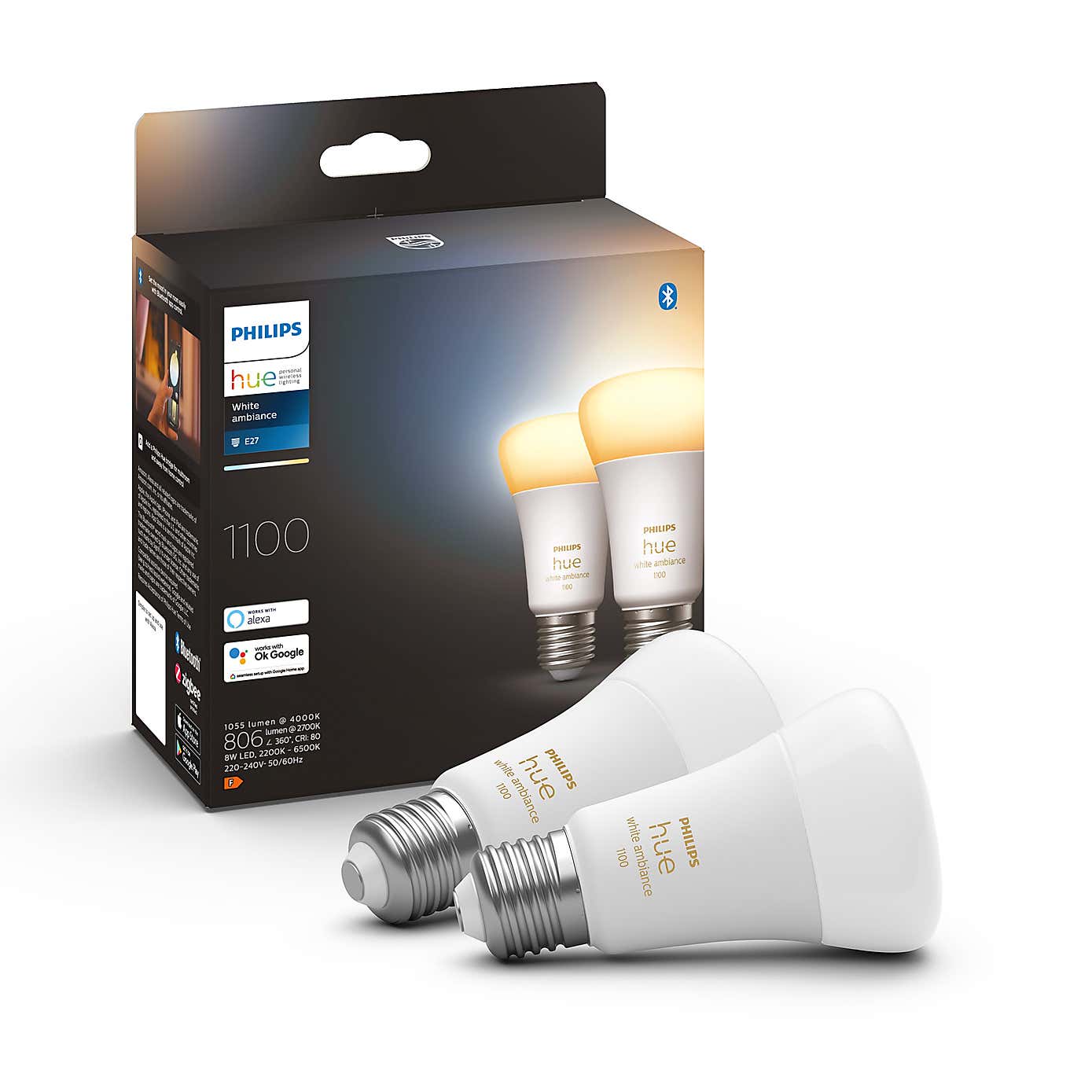 Philips HUE Smart 8 Watt ES LED Tunable GLS Bulb 2 Pack