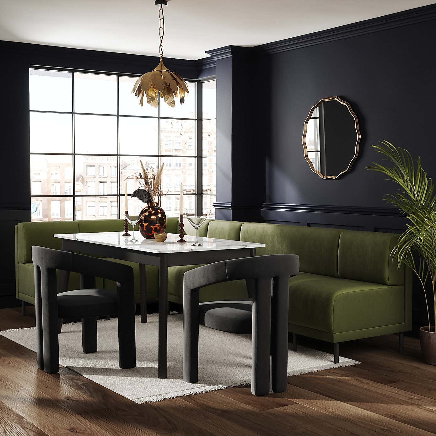 Mae Matte Plush Velvet Right Hand Dining Bench Olive Bundle